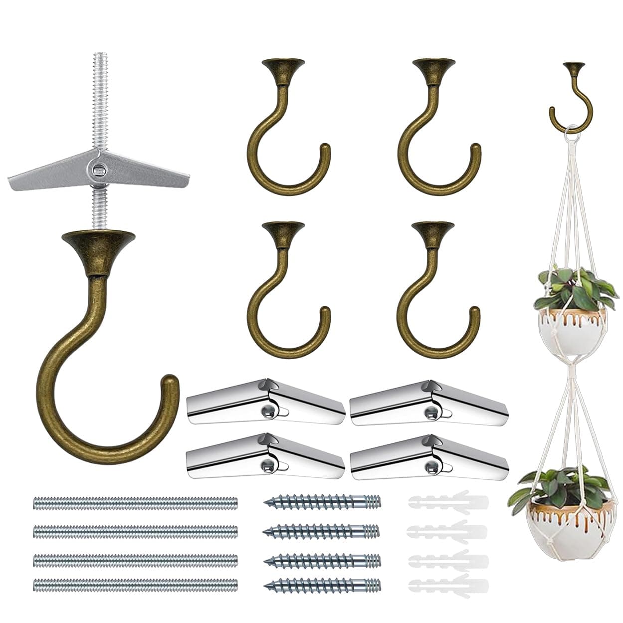 4 Sets Heavy Duty Swag Ceiling Hooks with Hardware for Hanging Plants, Cavity Wall Fixing, Easy Installation, Holds Up to 30lbs, Ideal for Home & Garden (4 Sets, Antique Brass)