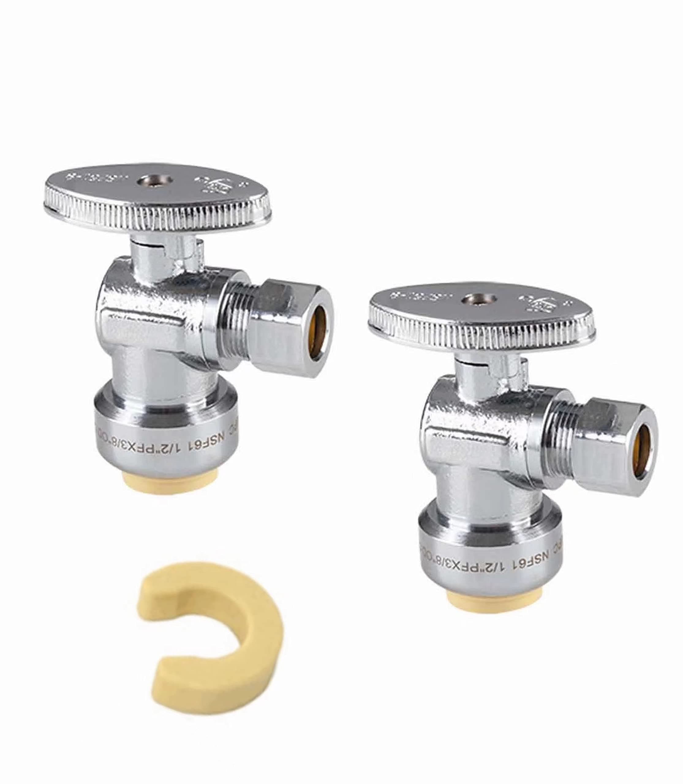 (Pack of 2) EFIELD Push Fit 1/4 Turn Angle Stop Valve Water Shut Off 1/2 Push x 3/8 Inch Compression, with Disconnect Clip Chrome,(PF-UNI004-2PCS)