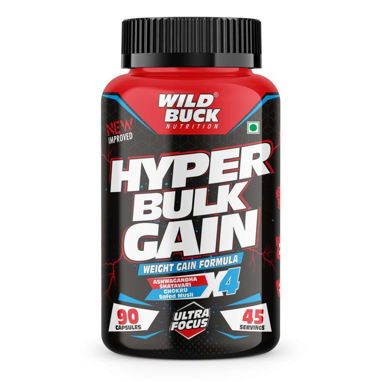 Wild Buck Hyper Bulk Gain Mass & Weight Gainer Capsule For Fast Muscle Gain,Daily Building Supplement Growth,Stamina Strength,For Men Women- 90 Cap,1 Count