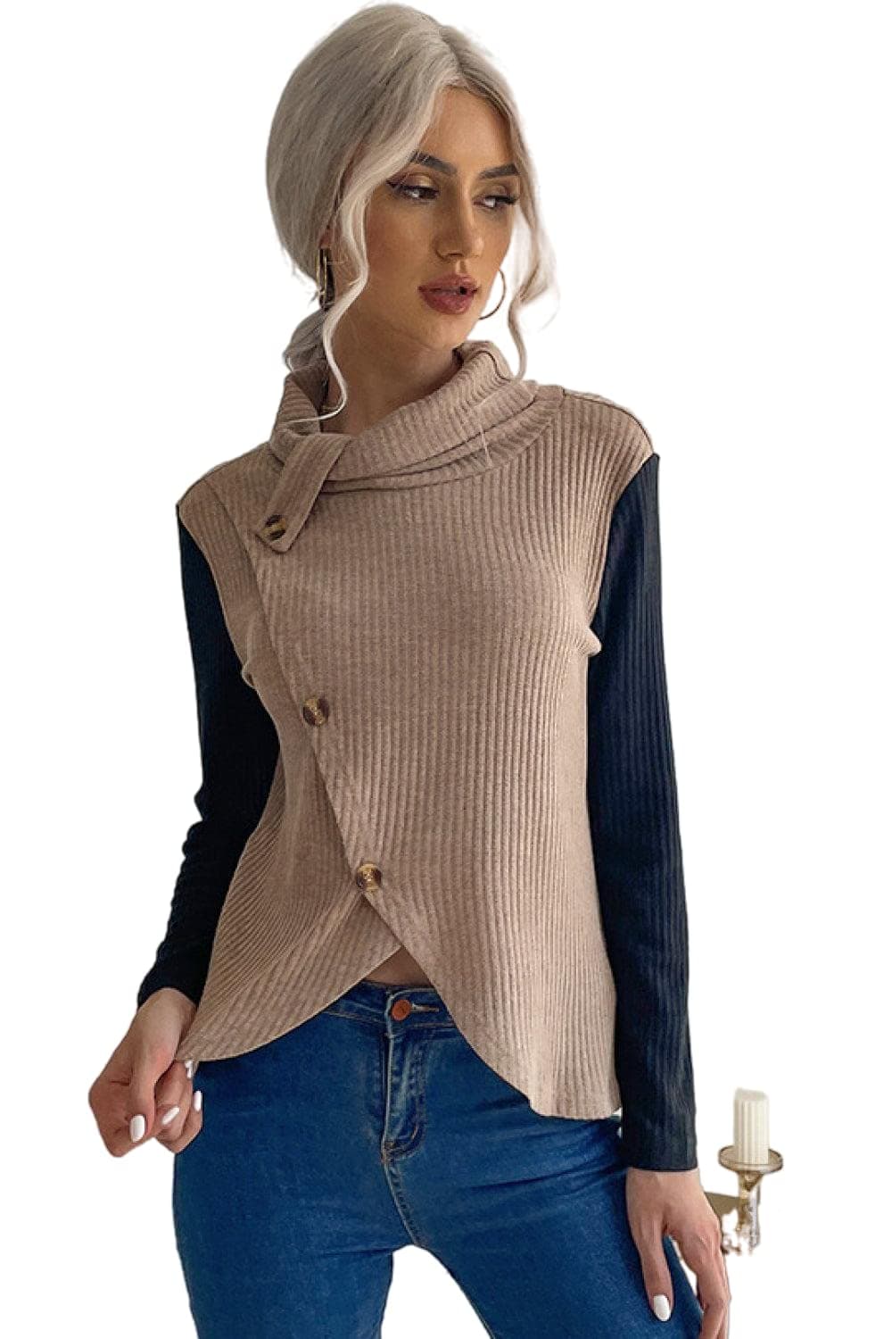 XooKool - Spliced Long Sleeve Turtleneck Sweater