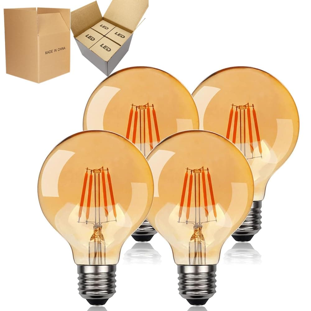 Beauenty LED Edison Light Bulb, G80 Globe Bulb E27 Standard Base, Amber 60W Equivalent Filament Light Bulb for Chandelier, Bedside Lights, Wall Lights（4Pack）