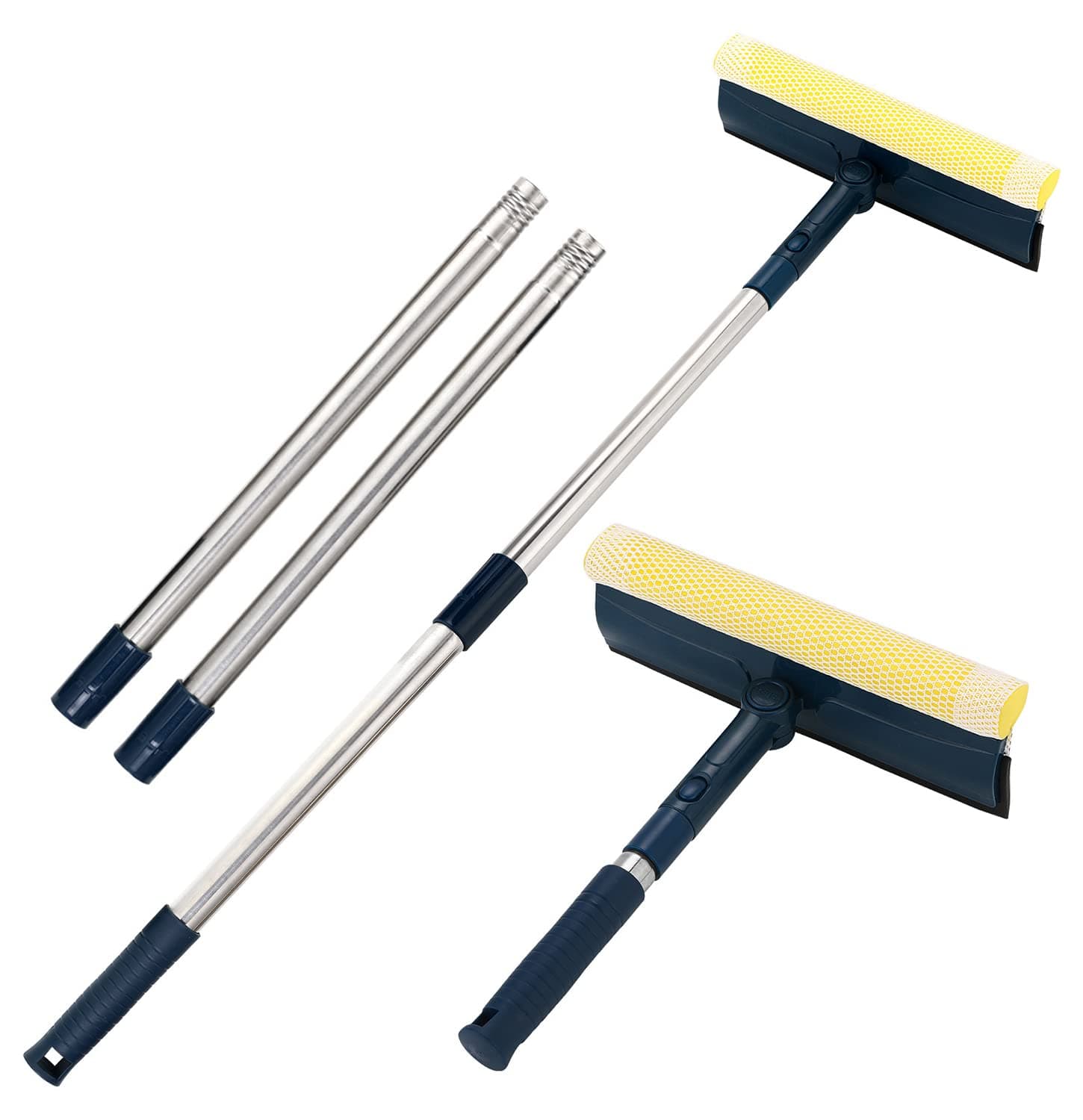 Multi-Use Window Squeegee with 56" Long Handle, 2 in 1 Window Cleaning Tools with Dual Side Blade Rubber & Scrubber Sponge, Standard Professional Squeegee for Car Windshield and Shower Door