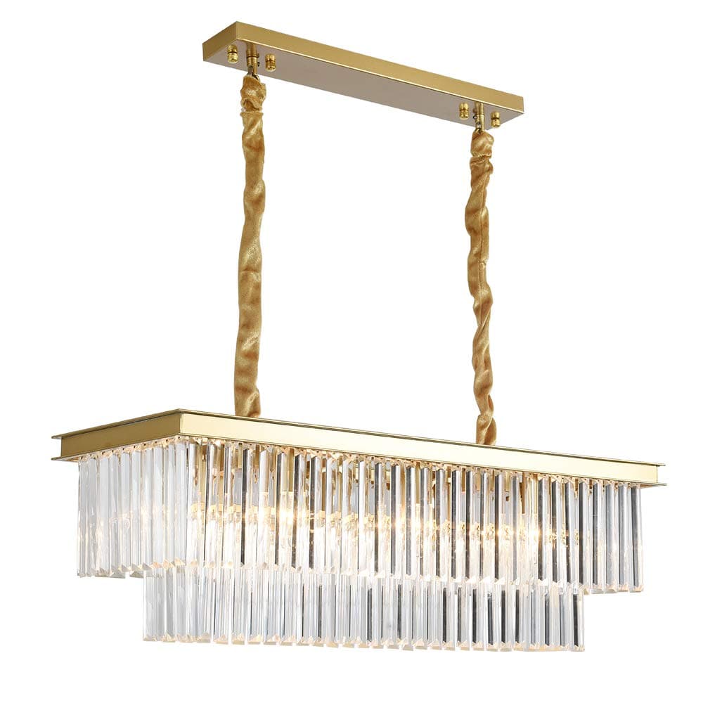 Lingkai Modern Rectangular K9 Clear Crystal Chandelier Gold Pendant Ceiling Light Fixture Island 8-Light Hanging Lamp for Dining Room Living Room Kitchen