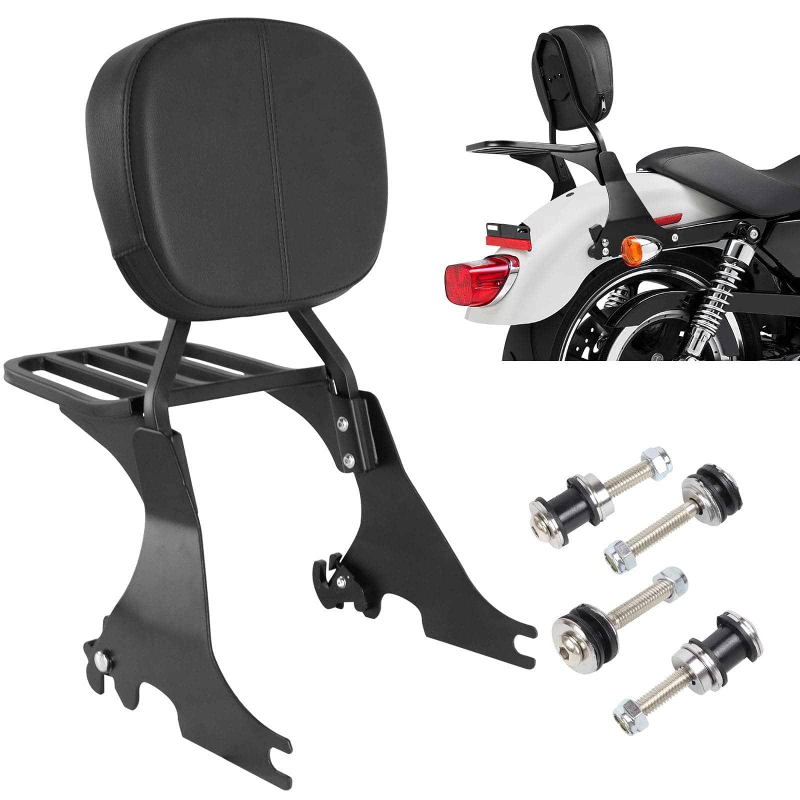 Motorcycle Passenger Low Backrest Sissy Bar with Back Rest Pad Luggage Rack and Docking Hardware Kits Compatible with for Sportster 883 XL883 1200 XL1200 2004-2024