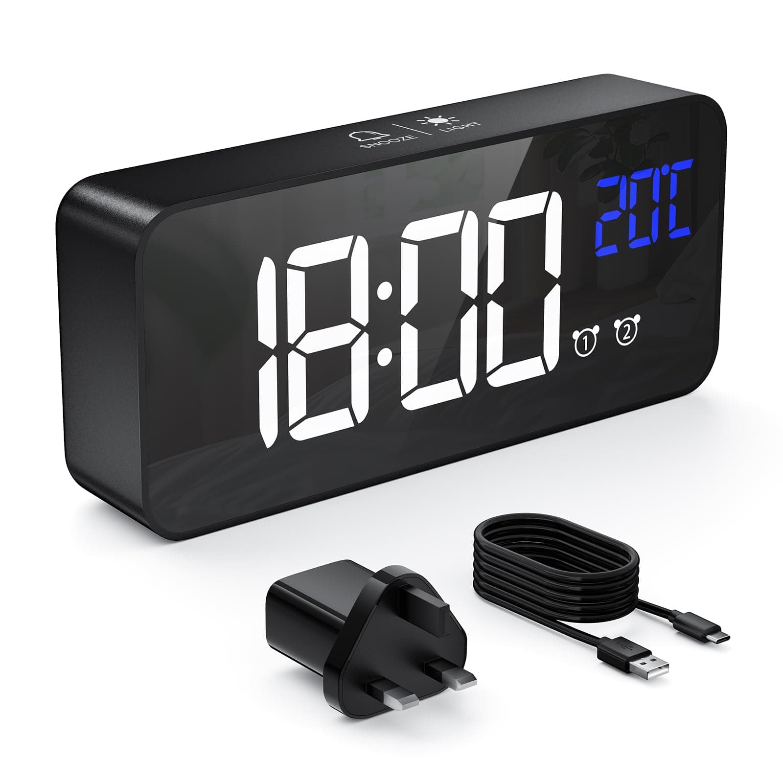 – Alarm Clock, Digital Clock USB Rechargeable with Temperature Display, Snooze, Dual Alarms for Bedroom, Bedside, Office& Travel(Adapter Included) (Black)