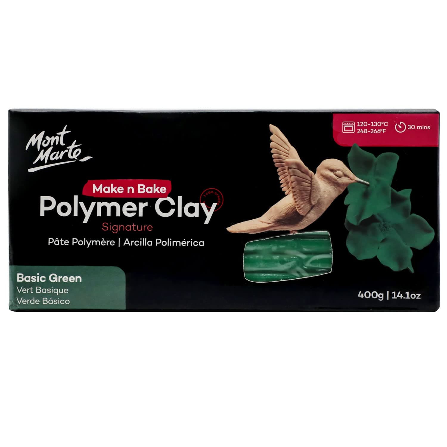 Mont Marte Make n Bake Polymer Clay Signature Basic Green 400g (14.1oz) Block, Bake in Oven, Soft and Smooth, Sculpting, Craft, DIY Décor, Jewelry