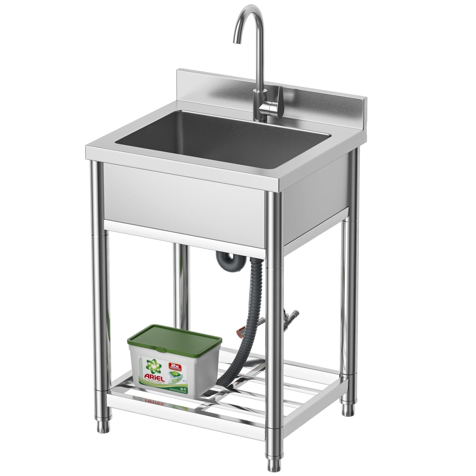 Stainless Steel Commercial Kitchen Sink, Free Standing, Single Bowl Sink Basin with Cold & Hot Water Faucet, Indoor and Outdoor Sink, 21.7 in