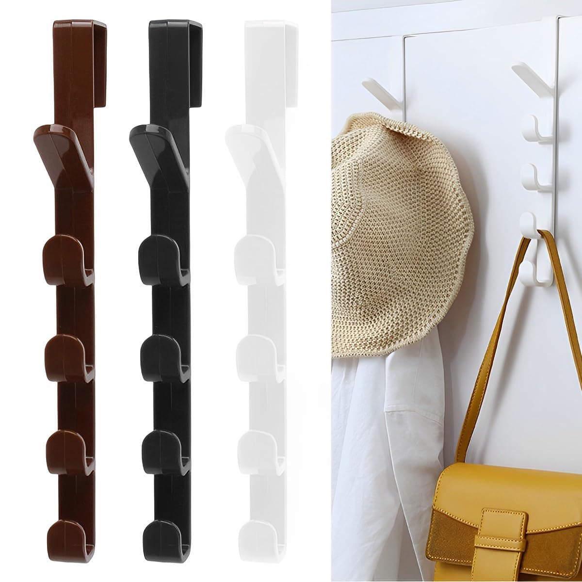 SamHeng3 Pcs Over Door Hooks, No Punching Vertical Five-Link Over Door Hangers Coat Hooks for Hanging Hats Towels, Multifunction Plastic Rear Storage Hooks for Bedroom Bathroom Kitchen Wardrobe