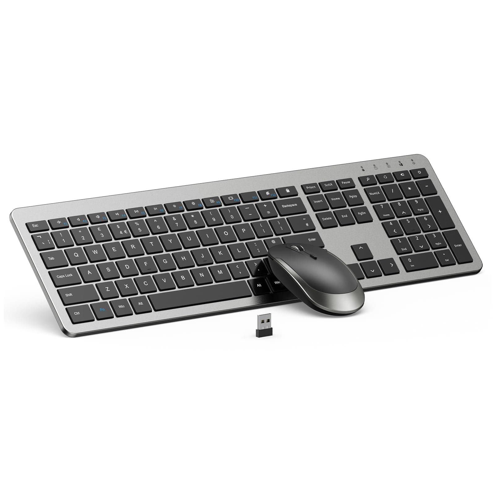 Seenda Wireless Keyboard and Mouse Combo - Full Size Slim Thin Wireless Keyboard Mouse with Numeric Keypad 2.4G Stable Connection Adjustable DPI (Grey & Black)