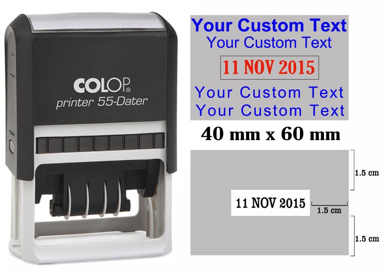 Printtoo Self Inking COLOP P 55 Dater Stamp Custom Text With Date Stamp Large- Rubber Stamp With Date Office Stationary - Blue Text With Red Date