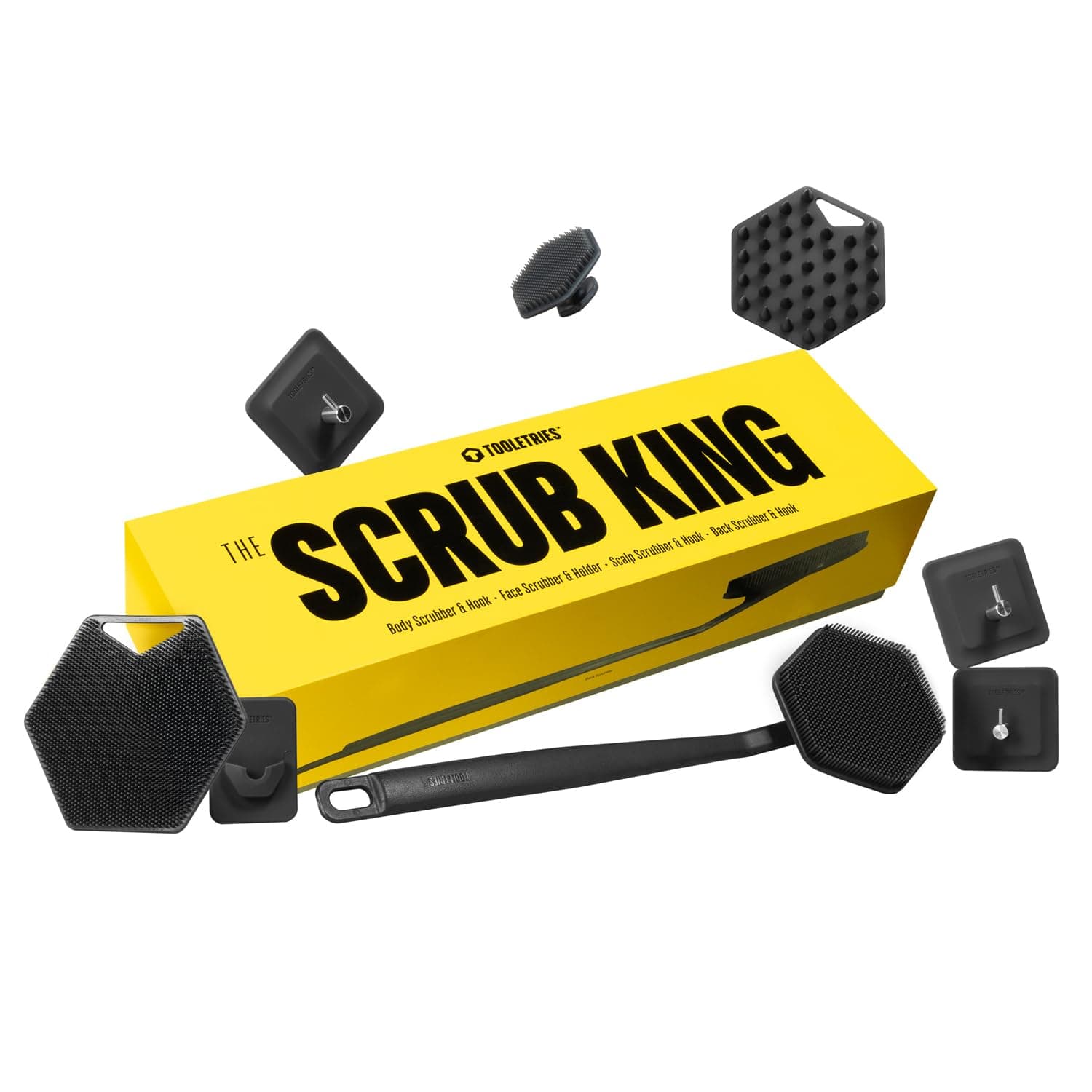 The Scrub King - Silicone Scrubber Set for Men - Includes Back & Body Scrubbers, Face Brush, Scalp Massager, 3 Storage Hooks, & Holder - Shower & Bathroom Hygiene Accessories - Charcoal