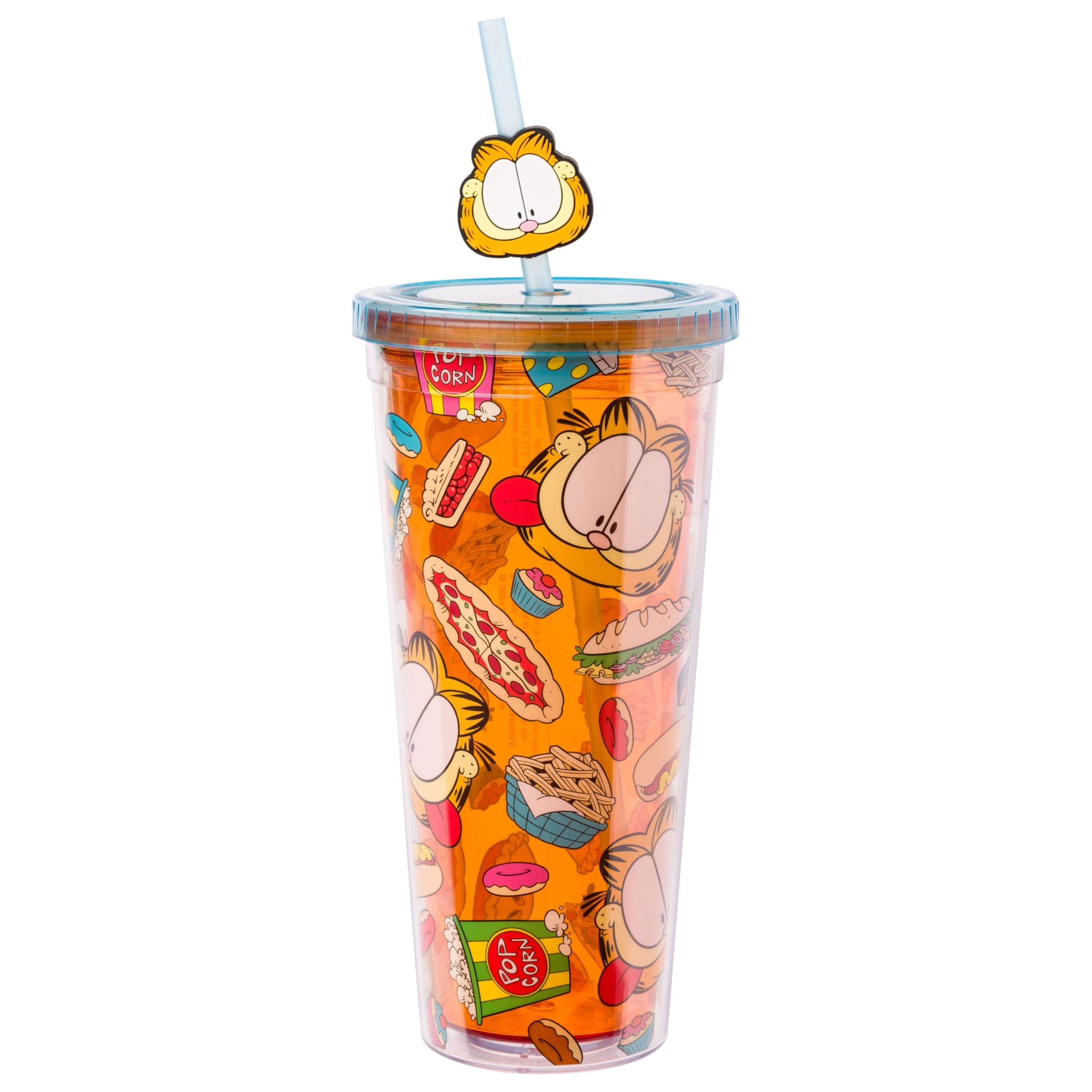 Silver Buffalo Garfield Junk Food Pattern Plastic Cold Cup with Lid and Straw Topper, 24 Ounces