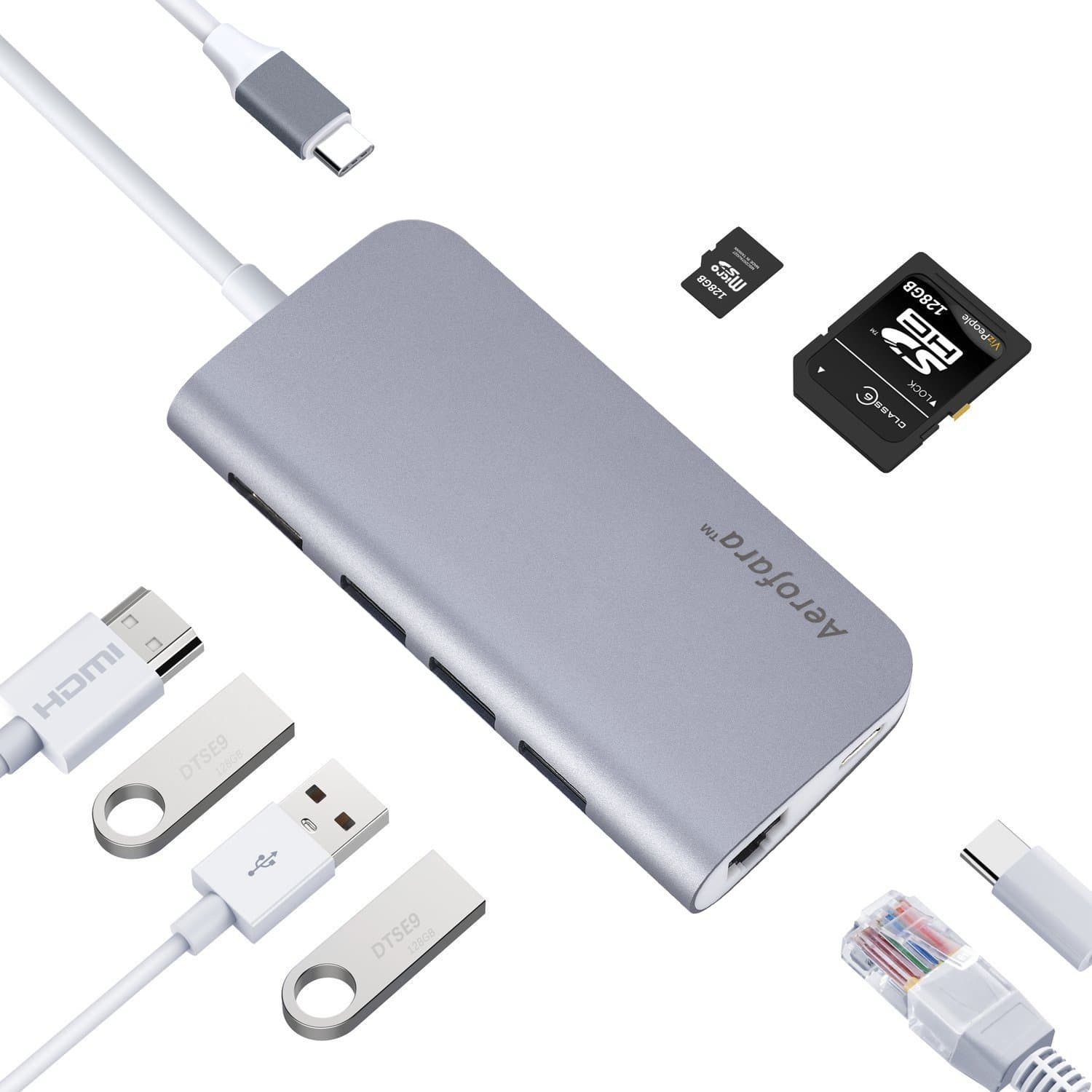 USB Type C Hub Adapter with HDMI Ethernet Power Delivery PD2.0, SD/ MicroSD Card Reader, 3 USB 3.0 Ports, Aluminum 8 in 1 Multiport Adapter Dongle for Dell XPS 13 15, Macbook Pro,Google Chromebook, More (Space Gray)