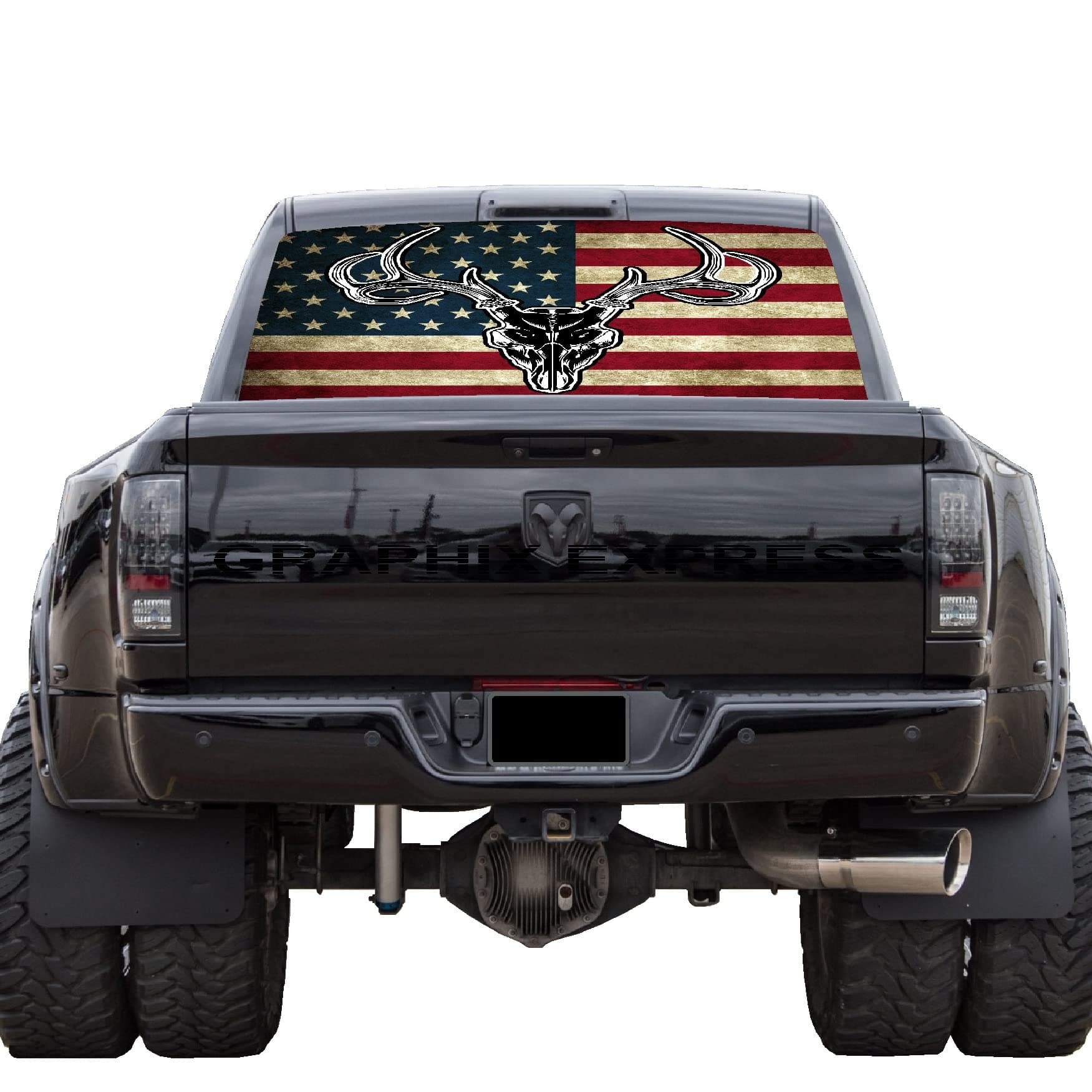 GRAPHIX EXPRESS Truck Back Window Graphics - Deer Hunter Skull Flag Decal (P533) - Hunting American Flag - Universal See Through Rear Window Vinyl Wrap - Full Window Decals for Trucks