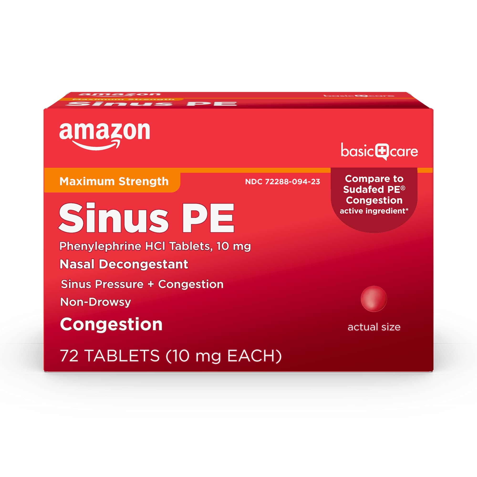 Amazon Basic Care Maximum Strength Nasal Decongestant PE, Phenylephrine HCl, 10 mg Tablets. Nasal and Sinus Congestion, Sinus Pressure, 72 Count