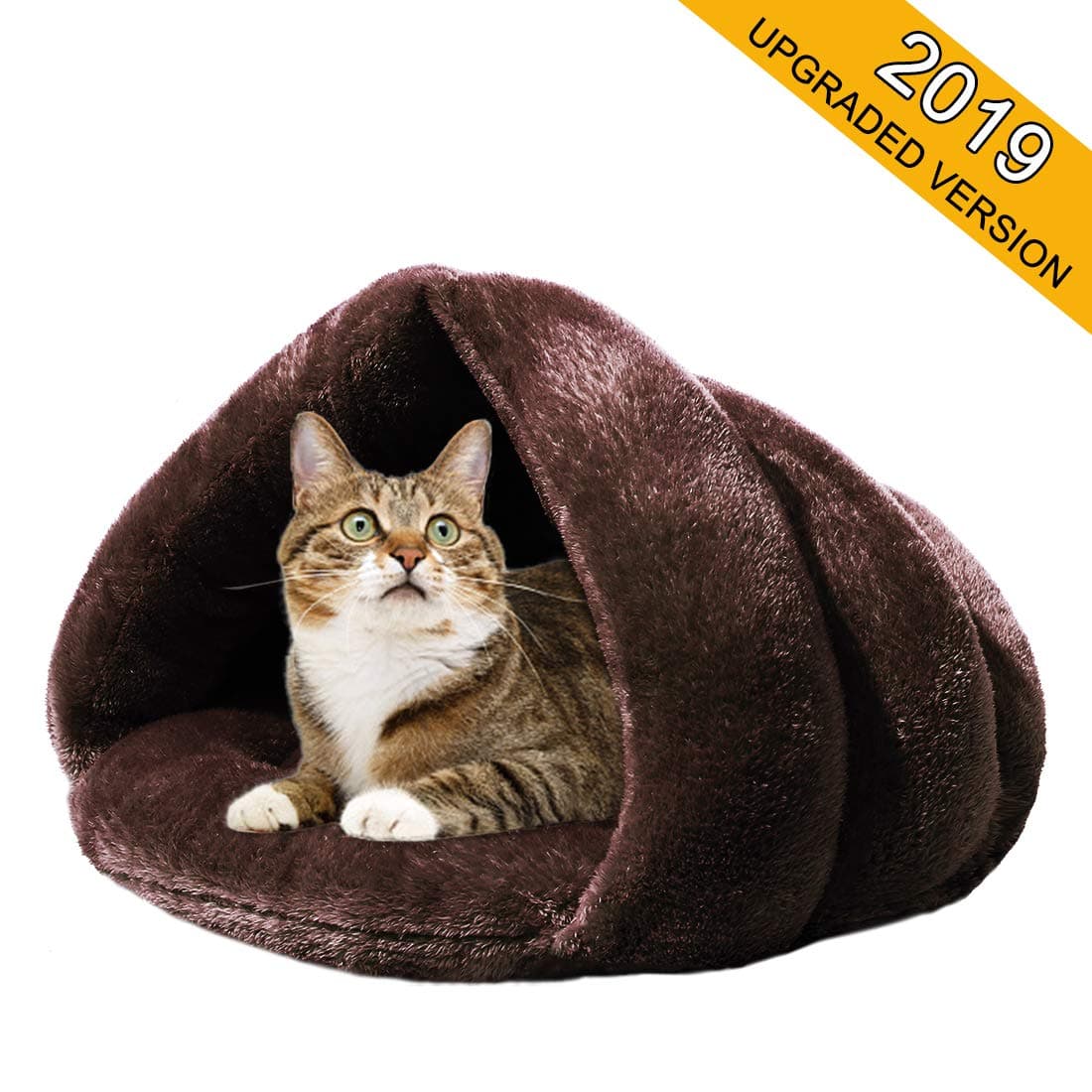 Mojonnie Soft Warm Cat Bed for Winter Cat Tent Self-Warming Sleeping Bed for Cats Fleece Pet Cave Bed for Winter Pets Puppy Indoor Pet Triangle Nest (Dark Brown)