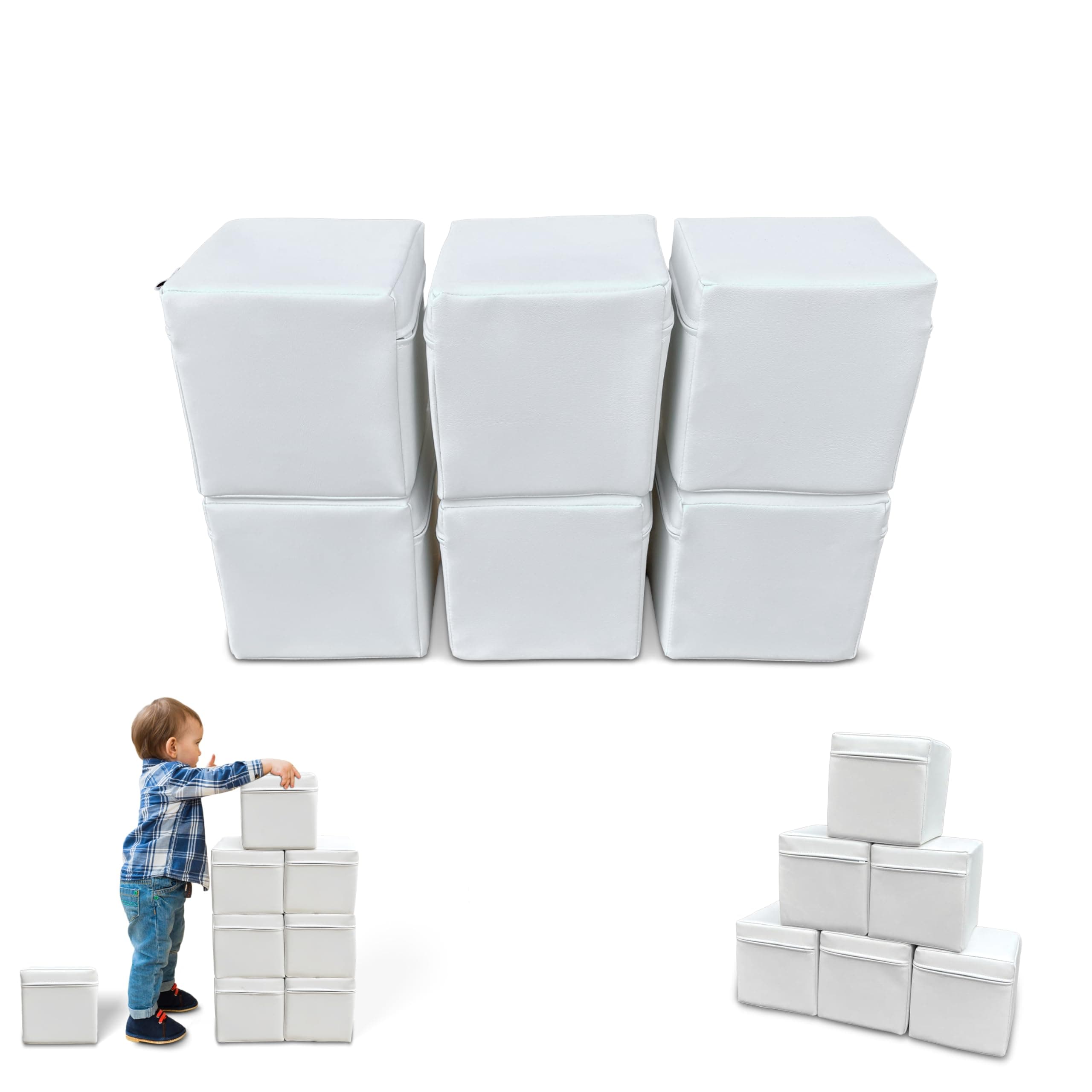 6 Soft Cubes 8'': Educational Soft Play Building Blocks Set for Babies Toddlers and Children Foam Construction Equipment for Indoor and Outdoor Open Play & Learning (White)