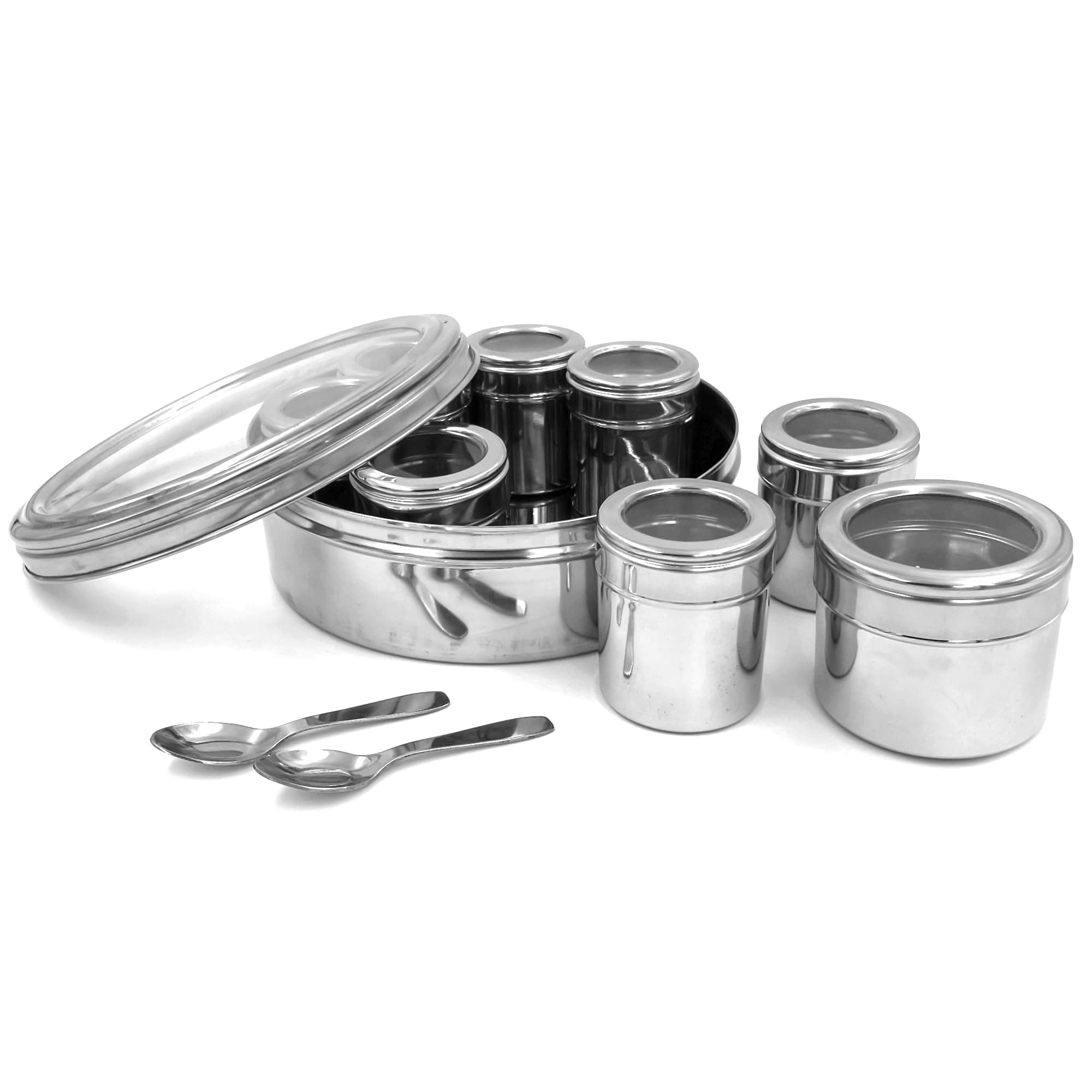 Spice Container Masala Dabba With 8 Compartments, Masala Box, Spice Container Box, Stainless Steel Spice Box Indian Masala Dabba with Transparent Lid and 2 Spoons