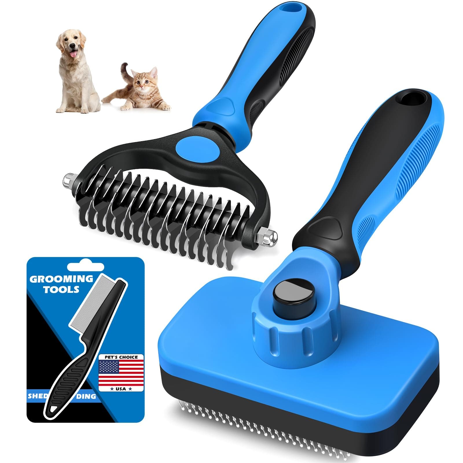 3PCS Self Cleaning Slicker Brush & Pet Grooming Rake & Flea Comb for Dogs, Cats and Horses | Double-Sided Dematting Comb & Skin Friendly Deshedding Grooming Tool | Premium Pet Supplies (Blue)