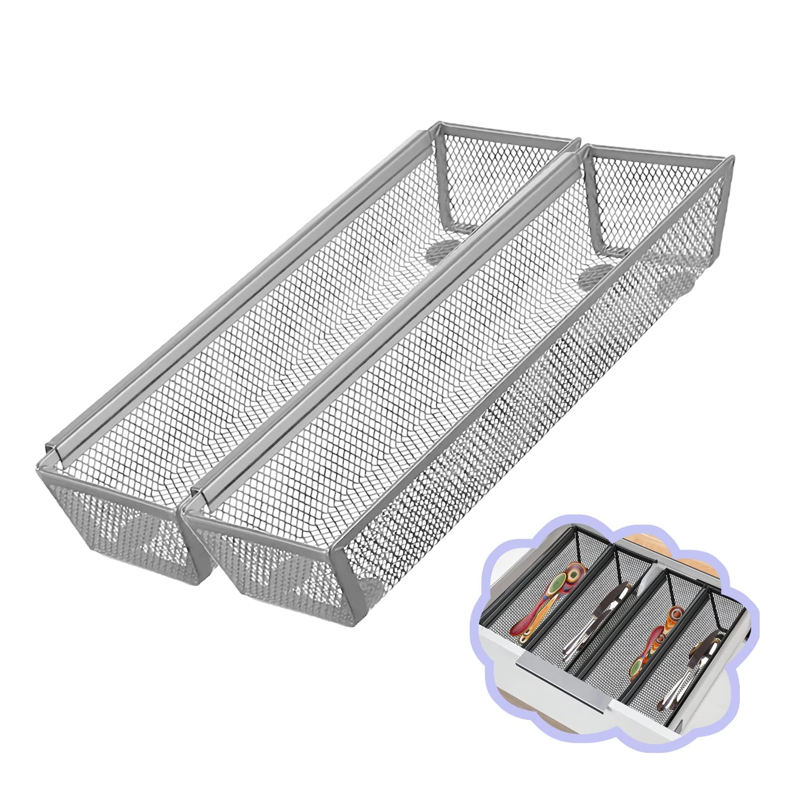 2PCS Drawer Organizer for Kitchen,Utensil Mesh Drawer Organizer with Interlocking Arm for Cosmetic,Flatware,Pen (12 * 3 * 2 Inches,Grey)
