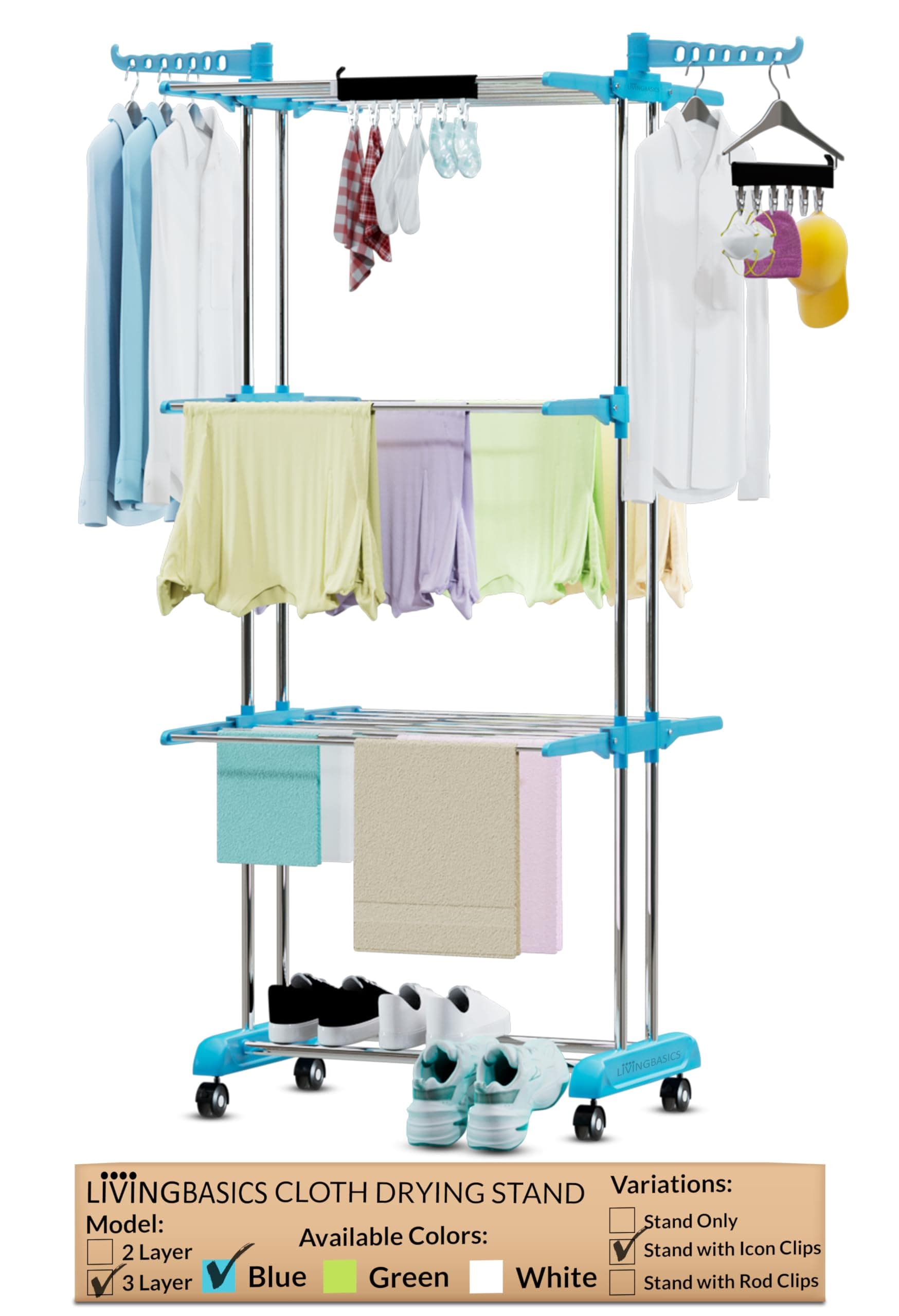 LIVINGBASICS 2 Icon Clips with 3 Layer Clothes Stand for Drying/Cloth Drying Stand/Cloth Stand for Drying Clothes/Cloth Drying Stand for Balcony/Stainless Steel Dryer Rack (Cyan Blue)