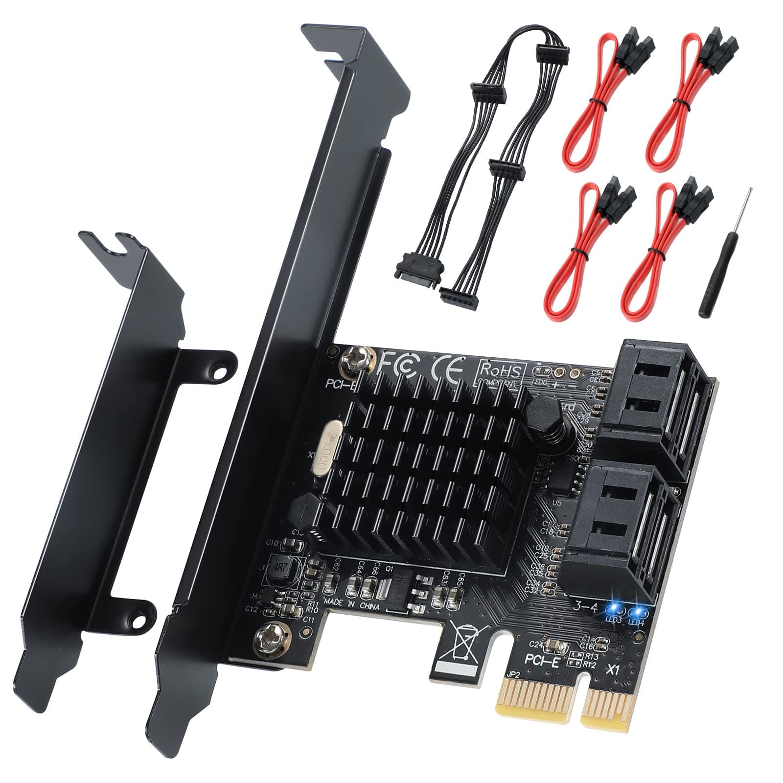 PCI-E X1 to SATA 3.0 Controller Card, 4-Port SATA III 6Gbps Expansion Cards, Supports PCI-Express (1X 4X 8X 16X) Slot, Support SSD and HDD, for Windows10/7/8/XP/Vista/linux