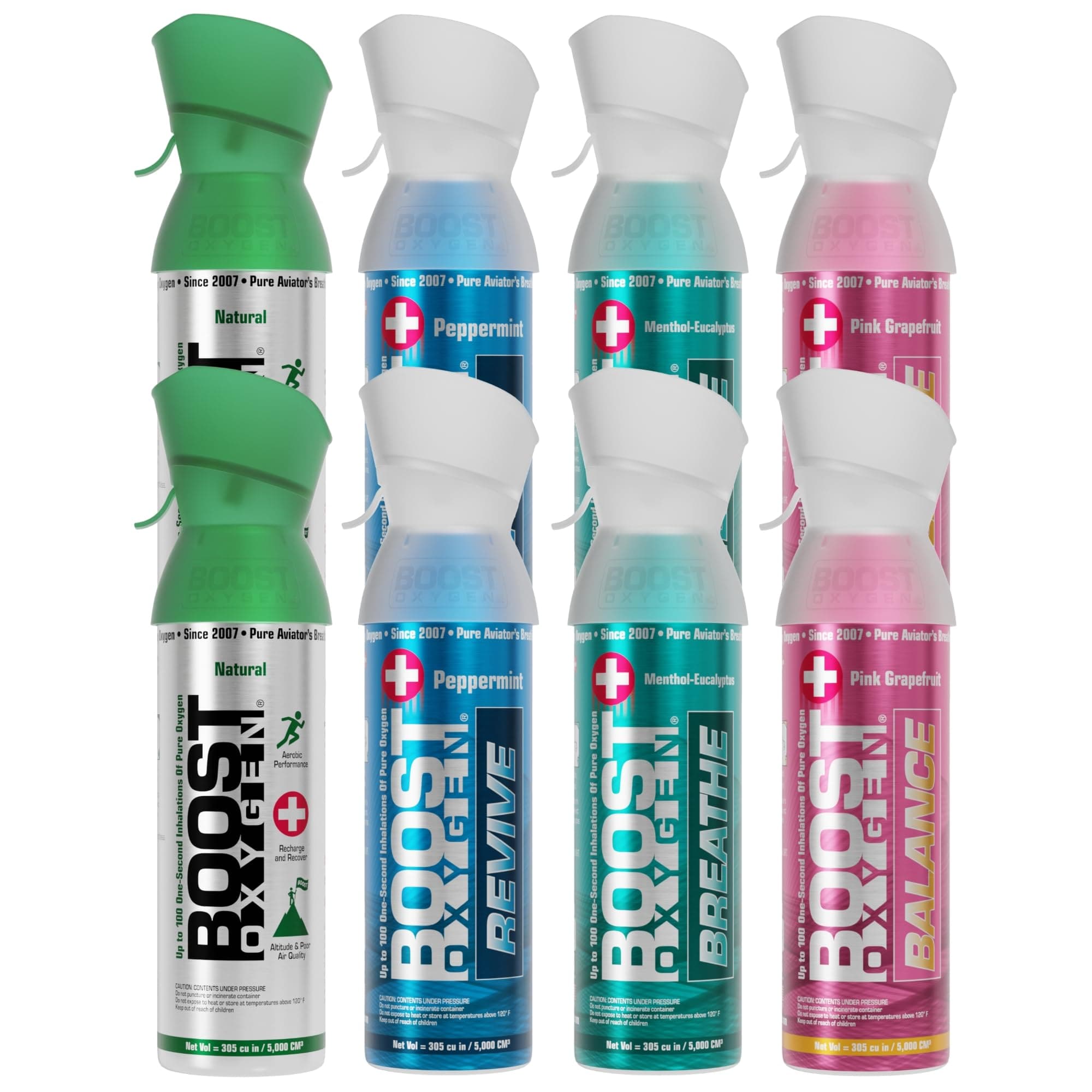 Boost Oxygen Set of 8 Medium 5 Litre Canisters | Includes 2 Natural, 2 Peppermint, 2 Menthol-Eucalyptus and 2 Pink Grapefruit
