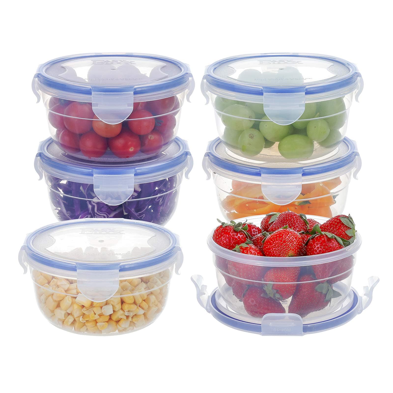EASYLOCK 6 Pack Round Plastic Food Containers with Lids, Stackable, Reusable, Leak-proof, 600ml, Microwave Freezer Dishwasher Safe (Blue)