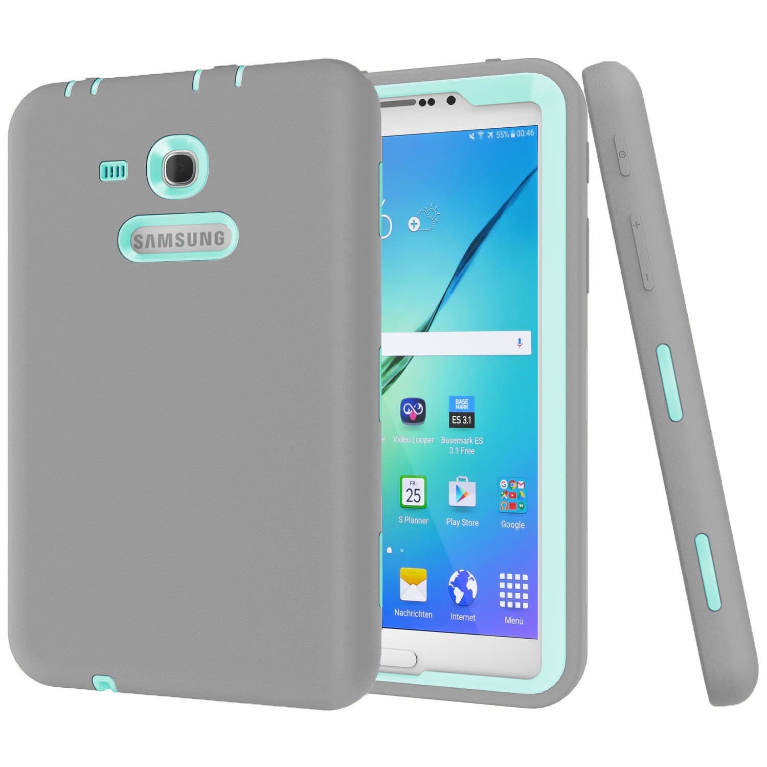 Ycxbox Samsung Galaxy Tab E Lite 7.0" Case, Galaxy Tab 3 Lite 7.0 Case,Rugged Heavy Duty Kids Proof Protective Case for SM-T110 / SM-T111 / SM-T113 / SM-T116 (Gray+Mint)