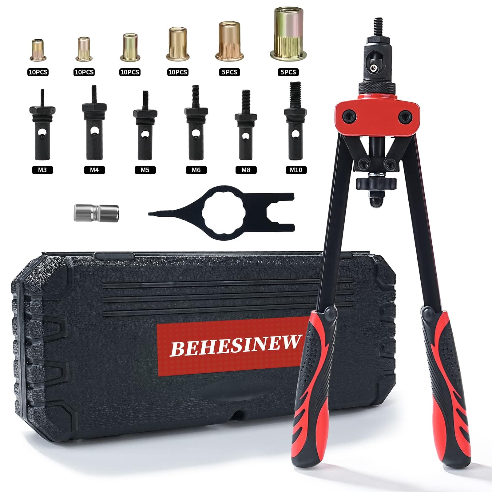 14" Rivet Nut Tool Kit, Professional Rivnut Tool Gun with 6 Metric Mandrels, 125pcs Rivnuts, Heavy-Duty Hand Riveter Set for Automotive & Sheet Metal, with Rugged Storage Case