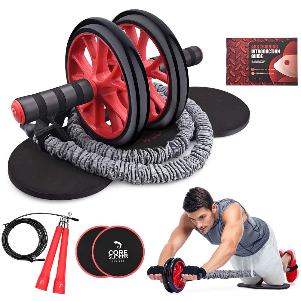 Ab Roller Wheel, Kamileo 5-In-1 Ab Roller Kit with Knee Pad, Resistance Bands, Jump Rope, Core Sliders, Perfect Home Gym Equipment for Abdominal Exercise (Workout Guide Included)