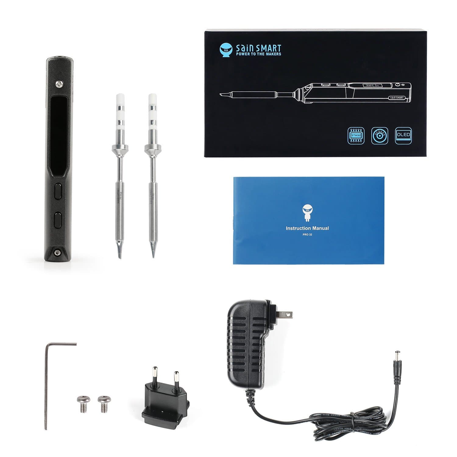SainSmart ToolPAC PRO32 Mini Smart Soldering Iron Tool Set Auto Sleep Mode and Fast Heating Intelligent Welding Tool with STM32 Chip with 2 Solder Tips, with 19V/2.1A Power Supply