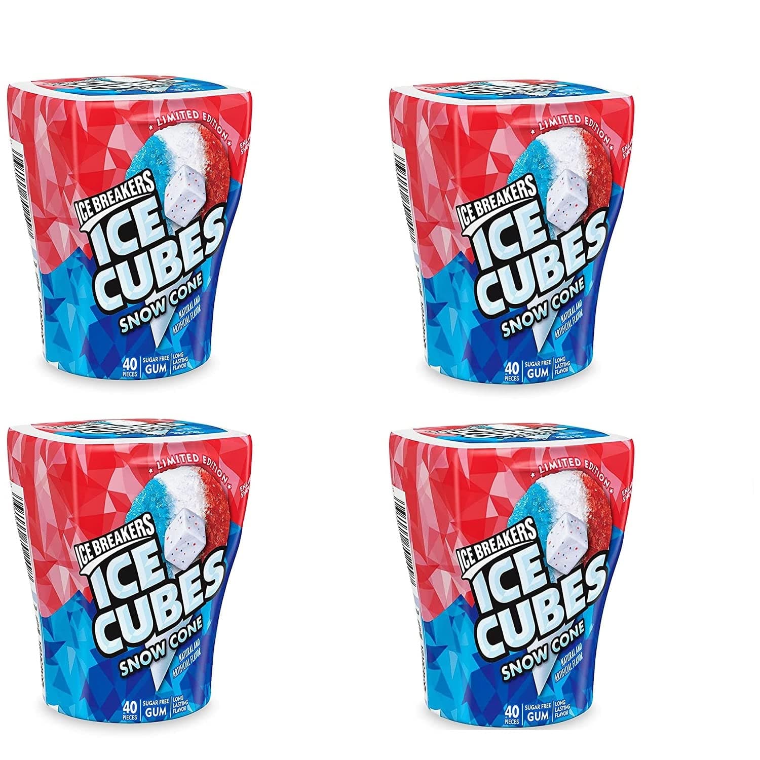 Ice Breakers Ice Cubes – Limited Edition Snow Cone Sugar Free Gum – 40 Count Pack of 4 (160 pieces) Refreshingly Cool Cubed – 3.24-Ounces – 40 Count Bottle – 4 Packs of Flavored Snow Cone Gum