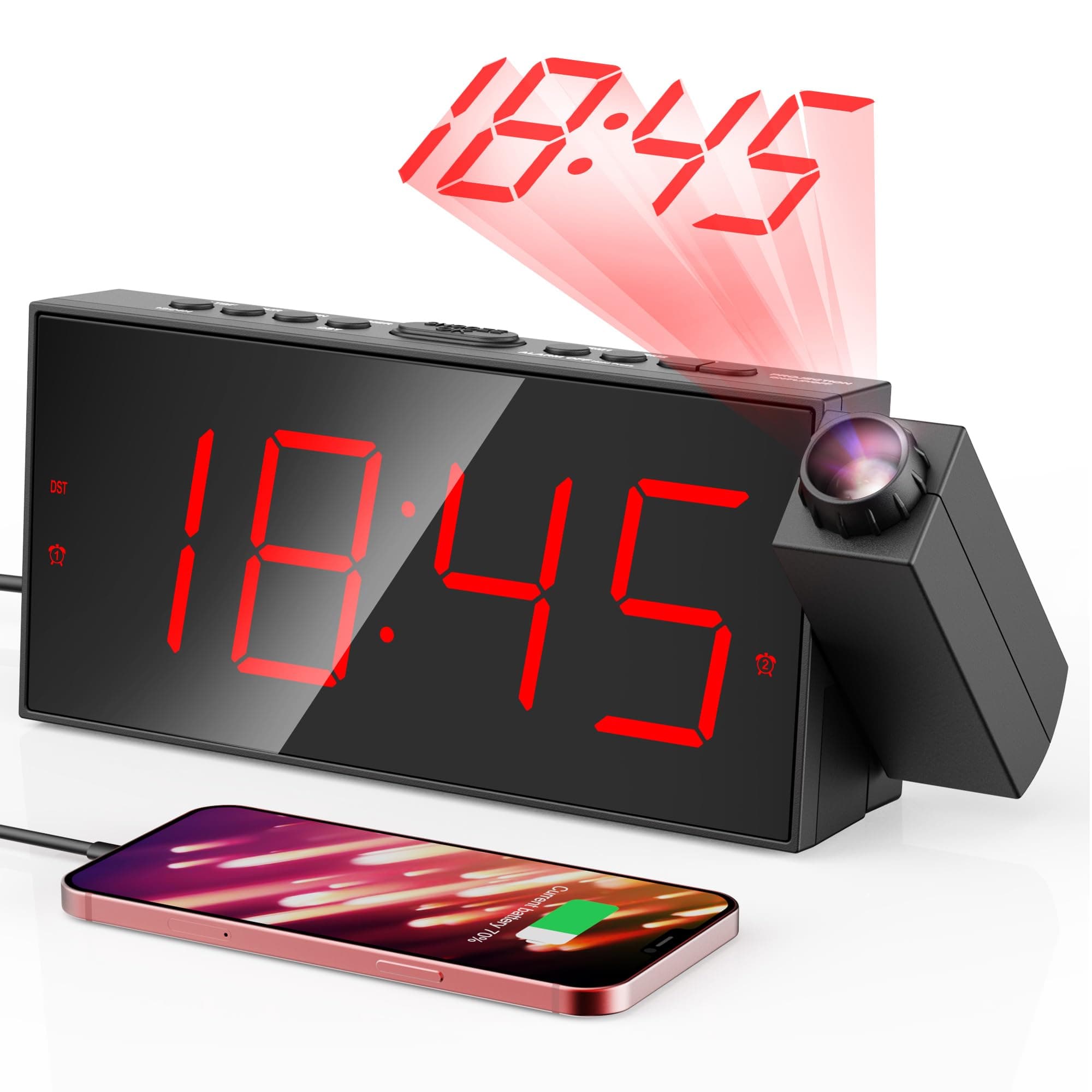 Projection Alarm Clock Digital Clock with 350° Rotating Projector, 5 Level Brightness Dimmer, Bright LED Display, USB Charger, Adjustable Volume, 9 Minute Snooze, 12/24 Hours Digital Alarm Clock for
