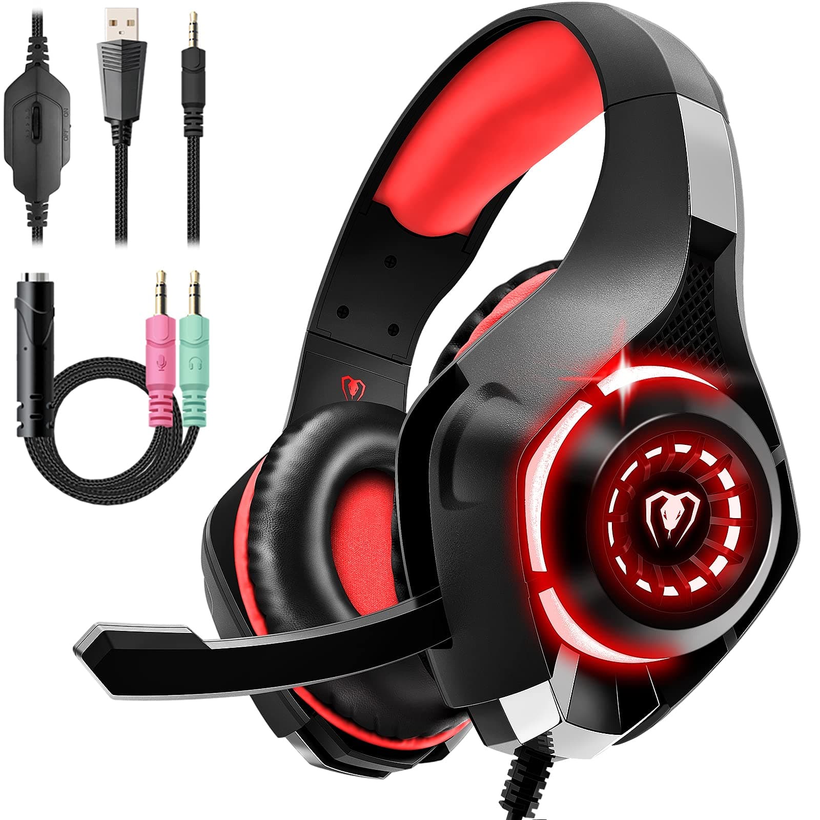 Gaming Headset for PS4 PS5 Xbox One Switch PC with Noise Canceling Mic, Deep Bass Stereo Sound (Black Red)-1