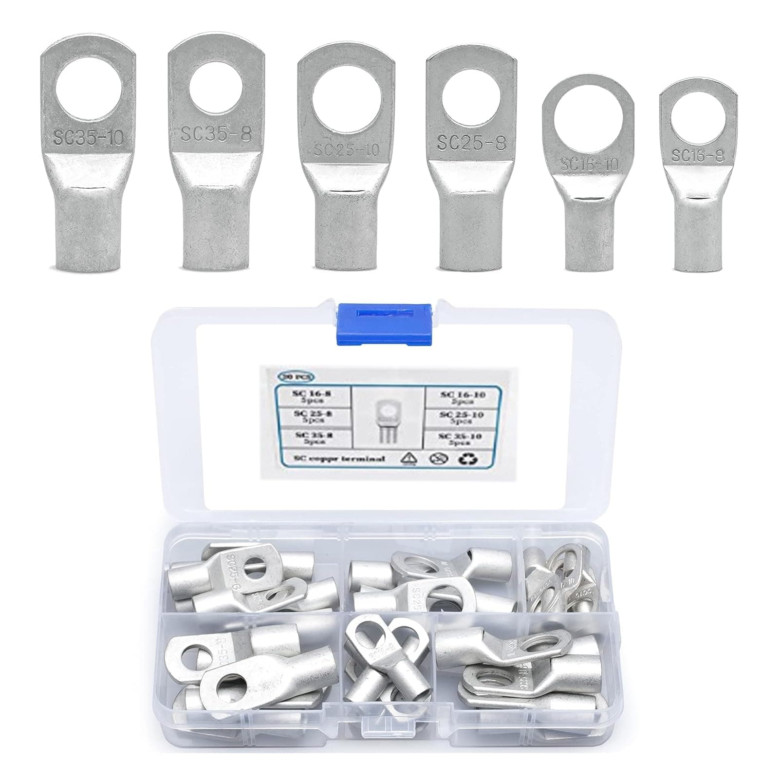 30 PCS Automotive Cable Ring Terminal Connector Set, Multi-Size Copper Contact Power Lug Terminals, Automotive Replacement Accessories, Products Suitable for Most Car Models (Silver)