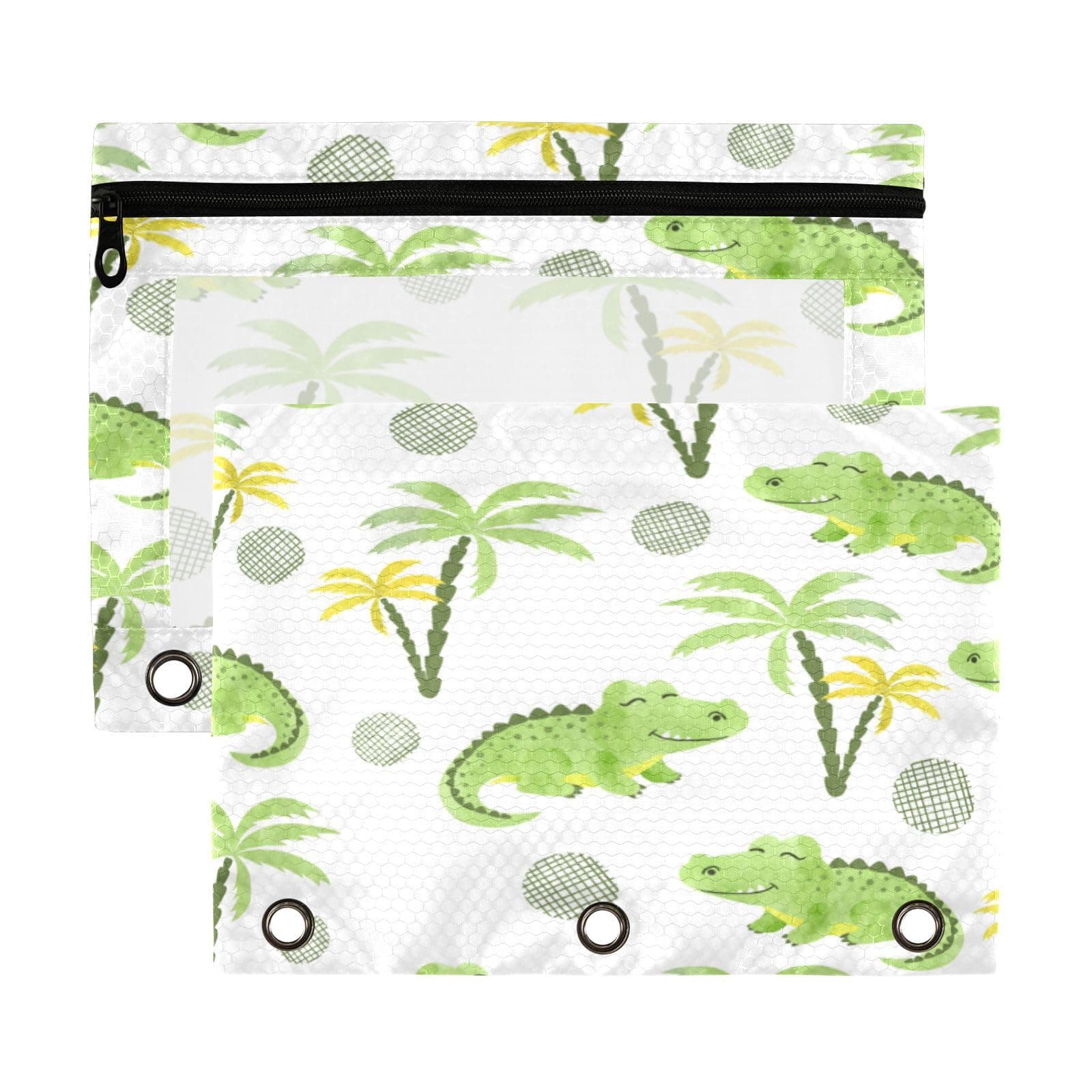2 Pack Binder Pencil Pouch 3 Ring Zipper Clear Window Pen Case Big Capacity Cosmetic Bag Storage Container for Storing School Office Supplies Watercolor Crocodiles