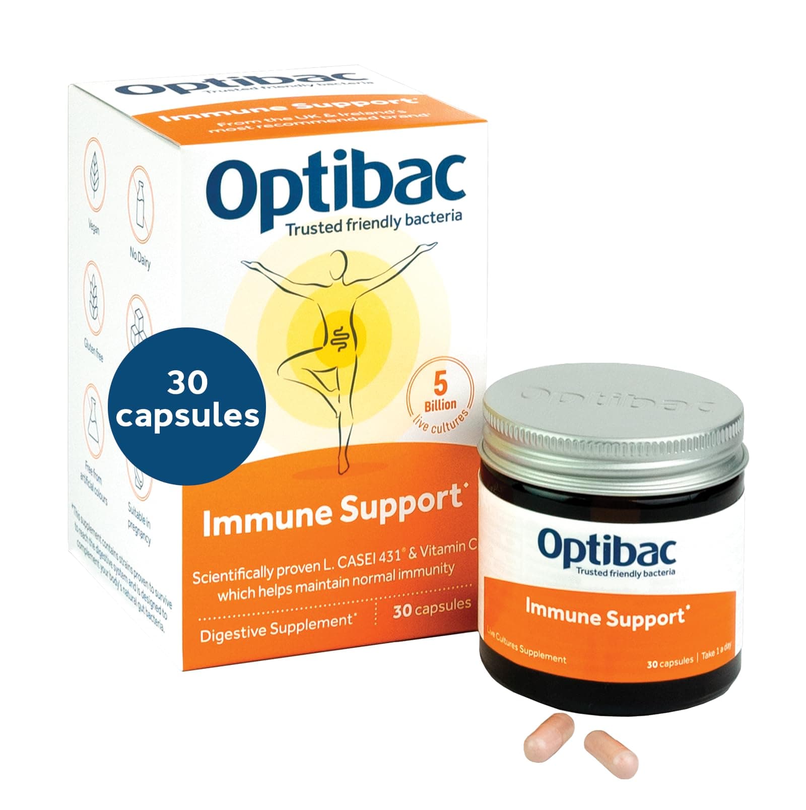 OptiBac For Daily Immunity | 5 Billion Friendly Bacteria Natural Supplement | Lactobacillus Paracasei With Added Vitamin C To Support Immunity | One Month Supply | 30 Capsules