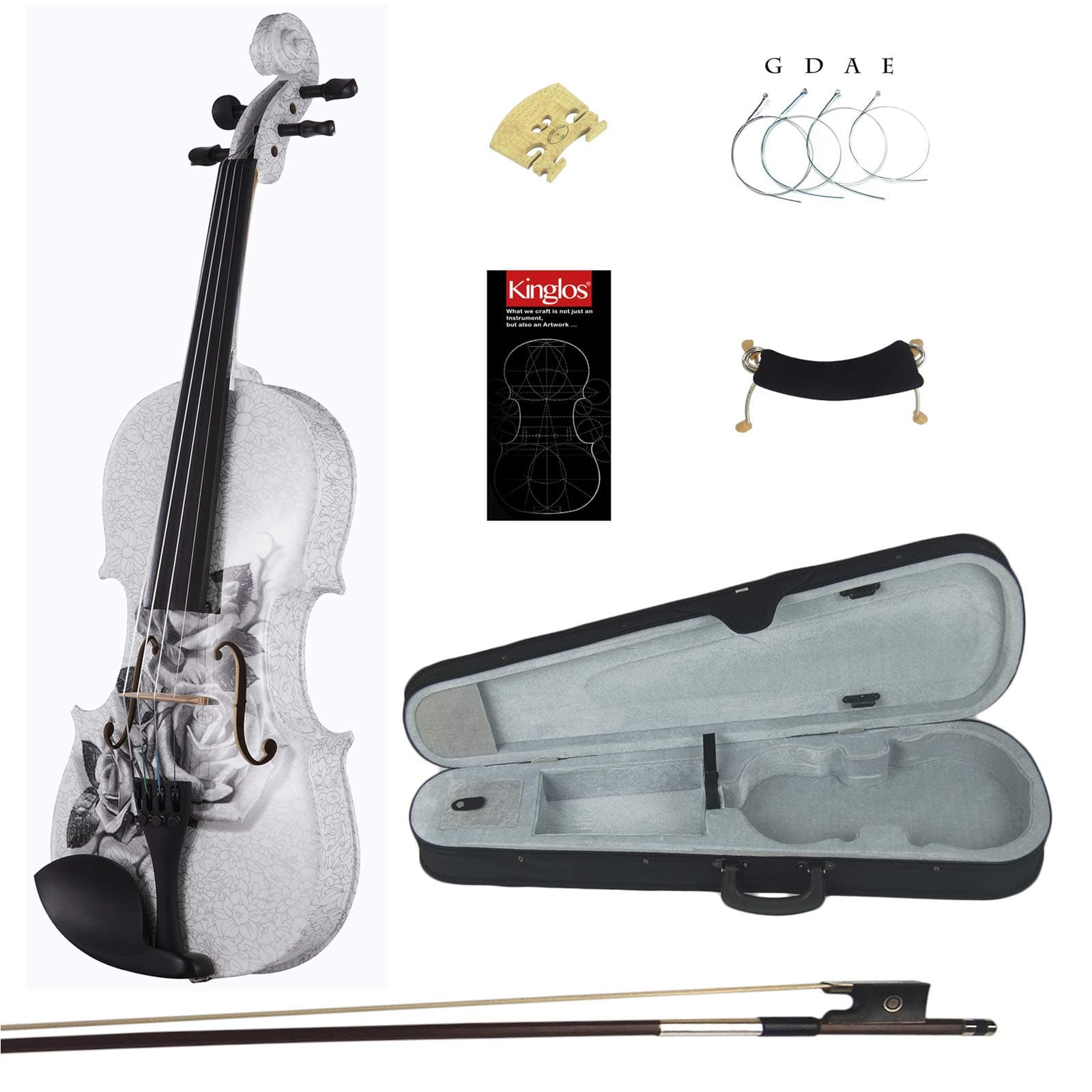 4/4 Gray Rose Colored Ebony Fitted Solid Wood Violin Kit with Case, Shoulder Rest, Bow, Manual, Extra Bridge and Strings Full Size (NHS3003)