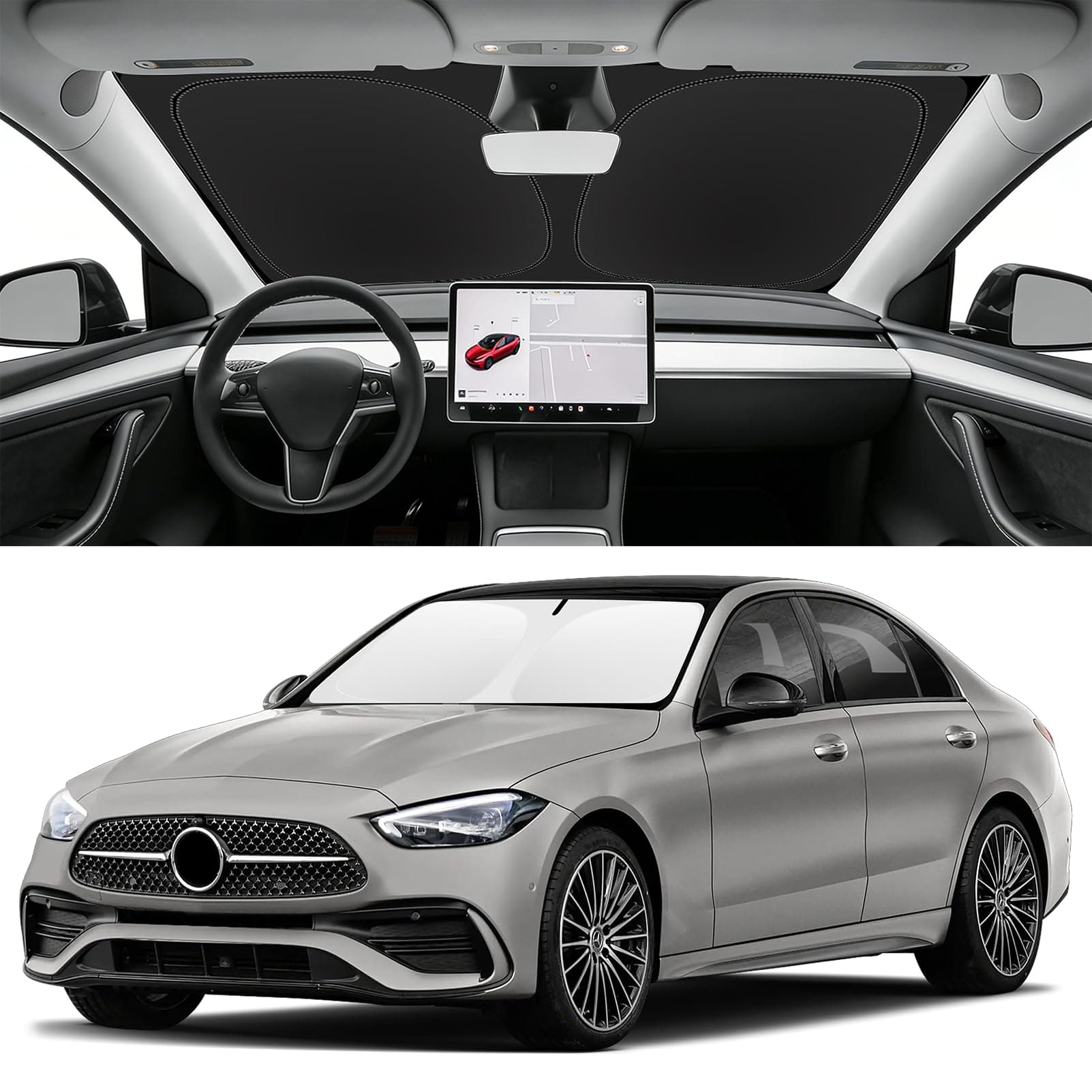 for Benz C Class Sunshade Windshield Sun Shade Custom Fit 2015-2023 Mercedes Benz C Class C250 C300 C400 Windshield Cover for GLA Accessories Window Sun Visor Protector UV Ray Reflector
