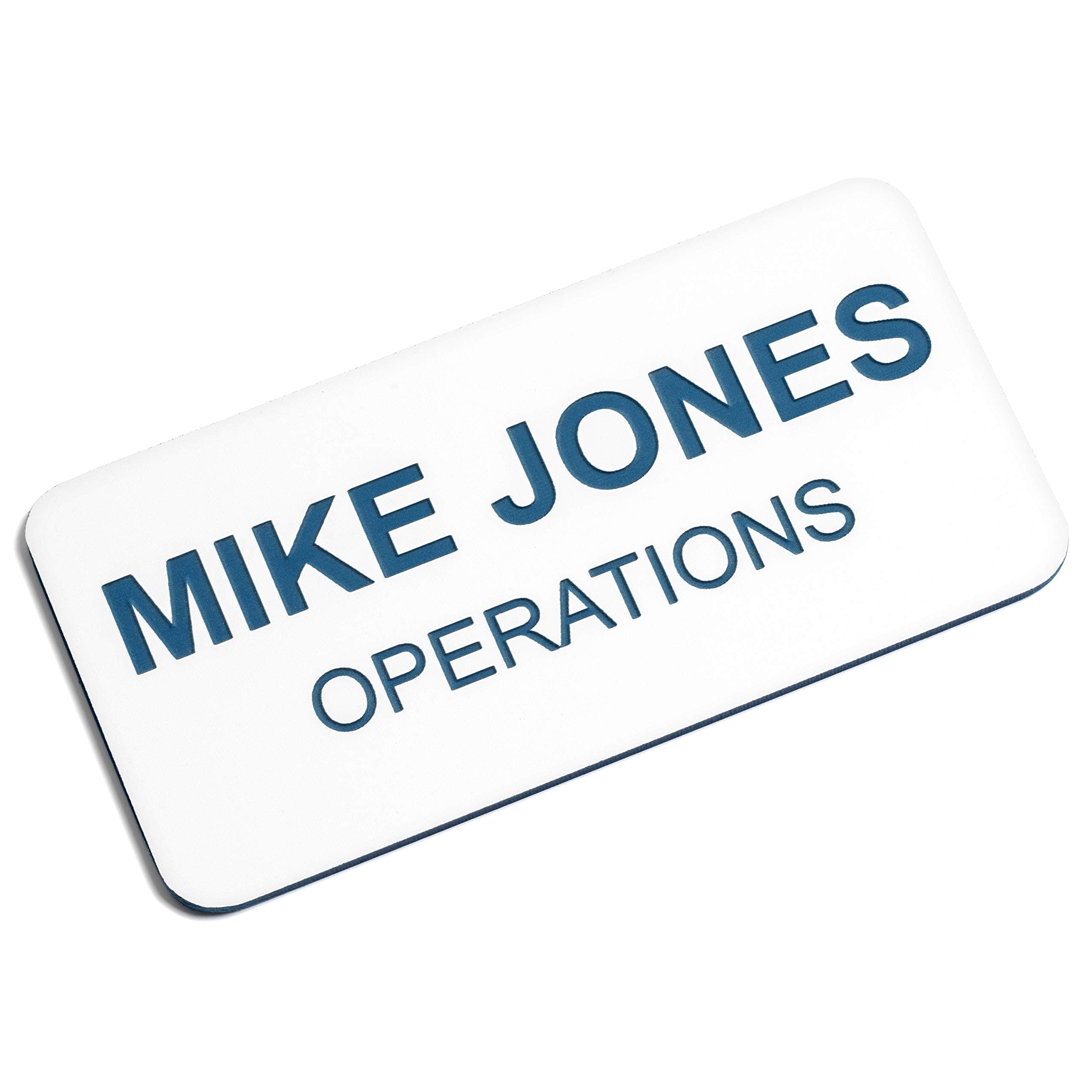 Custom Engraved Name Tag Badges – Personalized Identification with Pin or Magnetic Backing, 1.5 Inches x 3 Inches, White/Blue