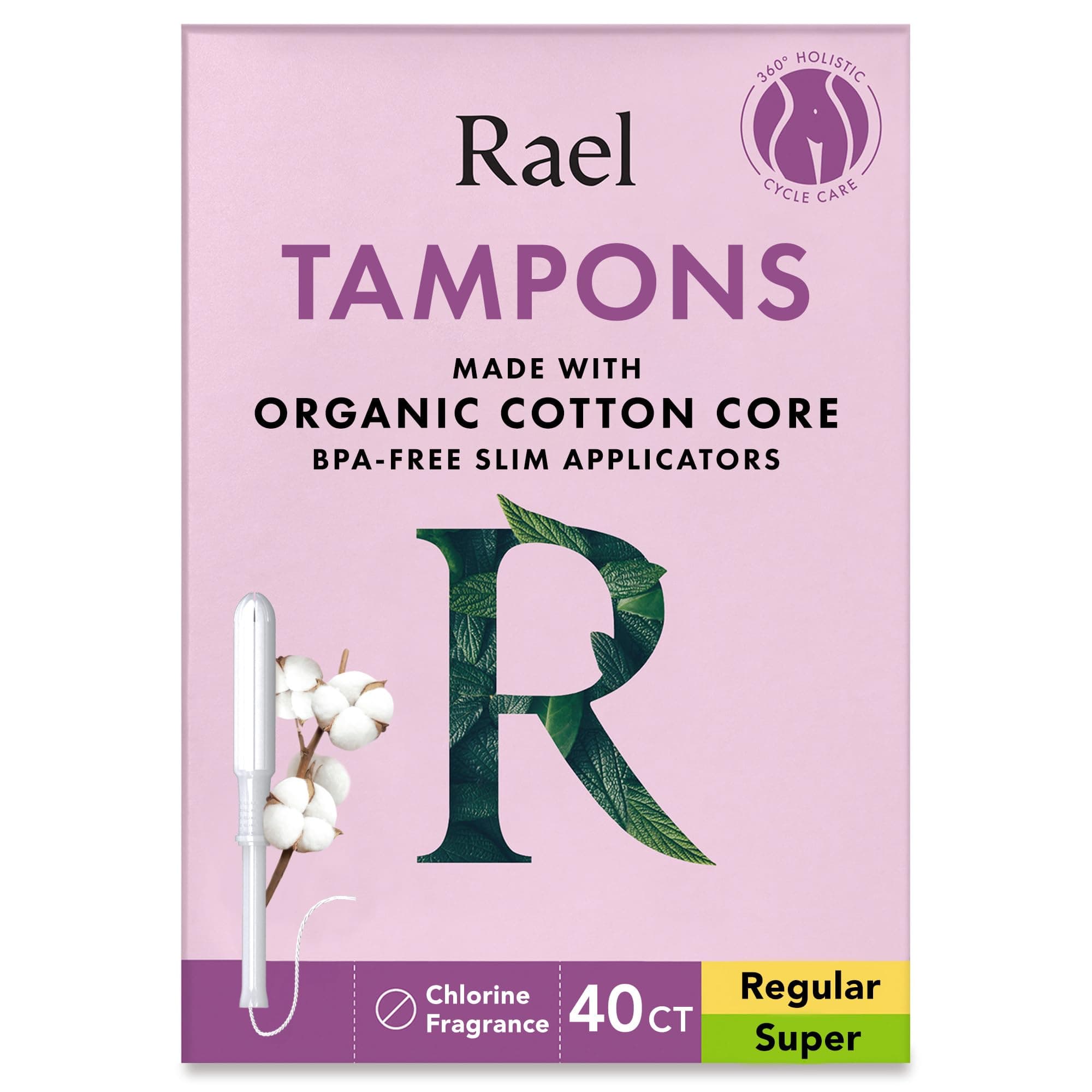 Rael Tampons, Slim Applicator with Organic Cotton Core, Multipack, Regular and Super Absorbency, BPA-Free, Leak Locker Technology, Unscented, Chlorine-Free (40 Count, Bundle)