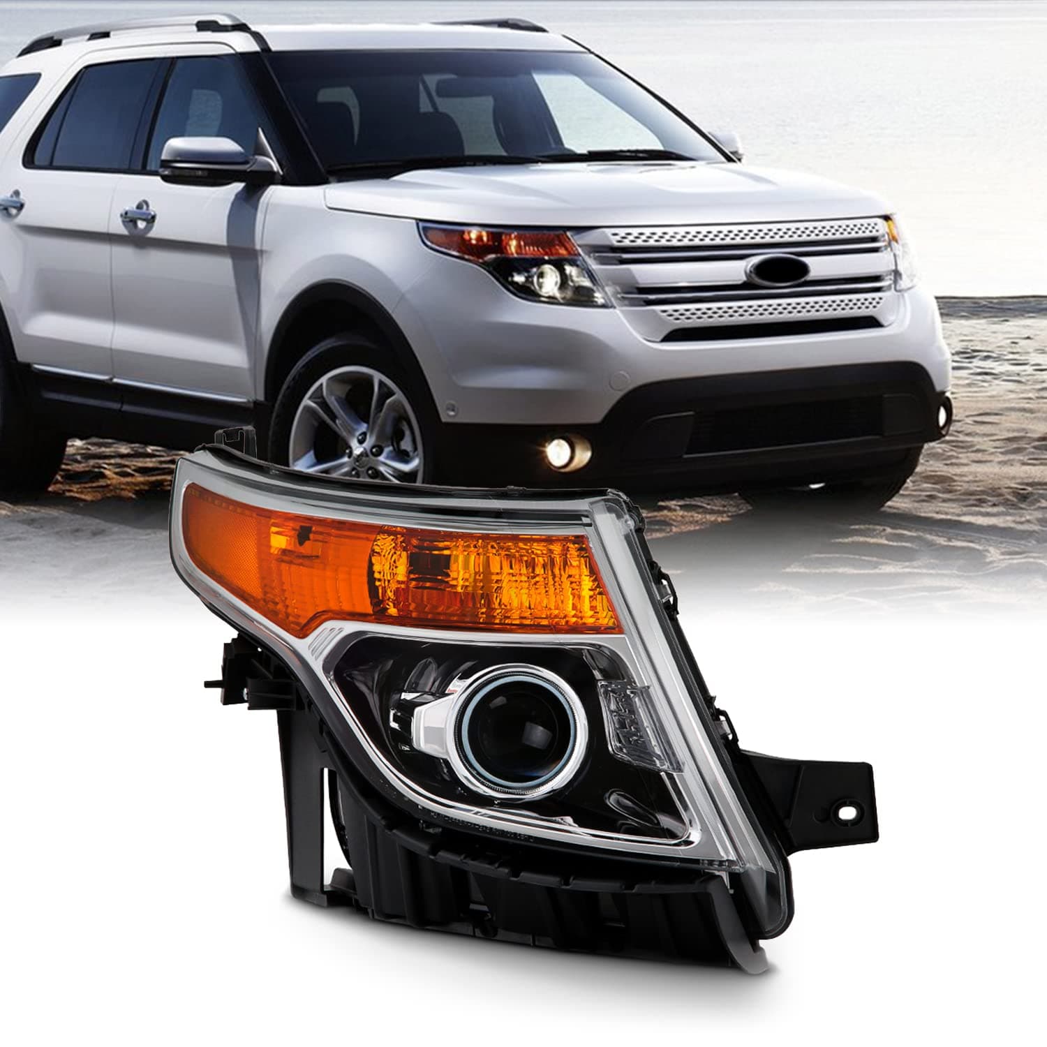 AKKON - For 2011-15 Ford Explorer Passenger Side Only Projector Headlight Assembly Chrome Housing Clear Lens
