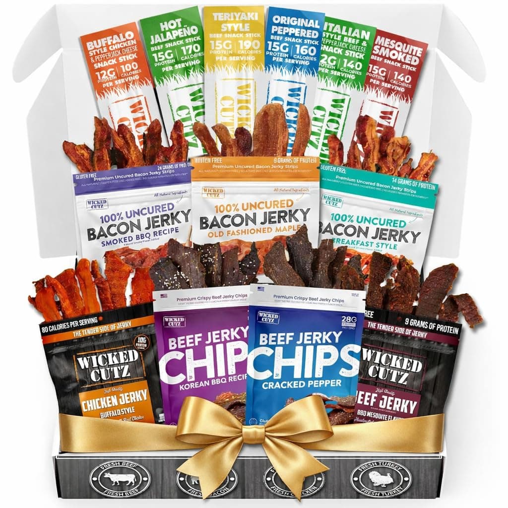 Jerky Gift Basket, Includes Bacon Jerky, Beef Jerky, Meat Sticks, and Beef Chips | Tender, Easy to Chew, USA Made, High Protein Carnivore Snacks | Unique Gifts for Men (13 Pack)