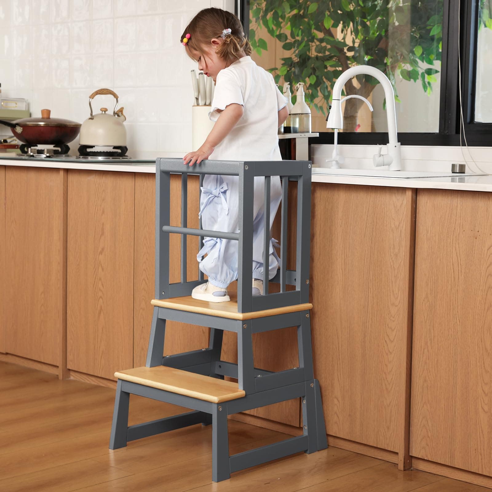 Kids Kitchen Step Stool, Ideal Toddler Learning Standing Tower, 2025 New Upgrade with an Anti-tip Structure and Anti-Drop Safety Bar, More Stable and Safer - Gray