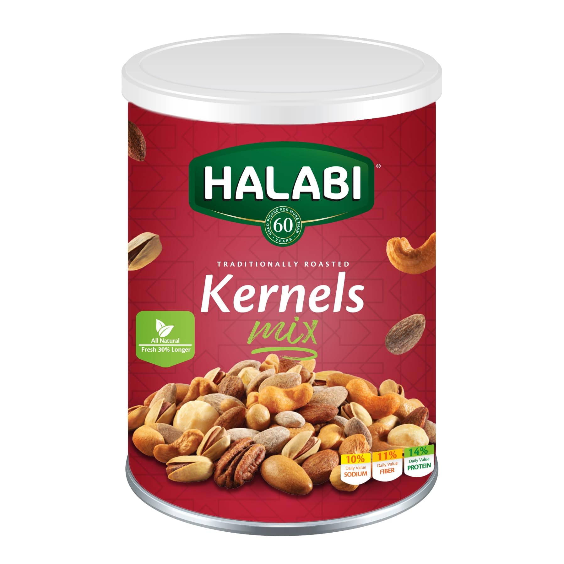 Halabi - Mix Kernels - Mixed Nuts , Cashews, Almonds, Pistachios, Macadamia, Pecans, Hazelnuts - Healthy Baked Snacks - can 400g