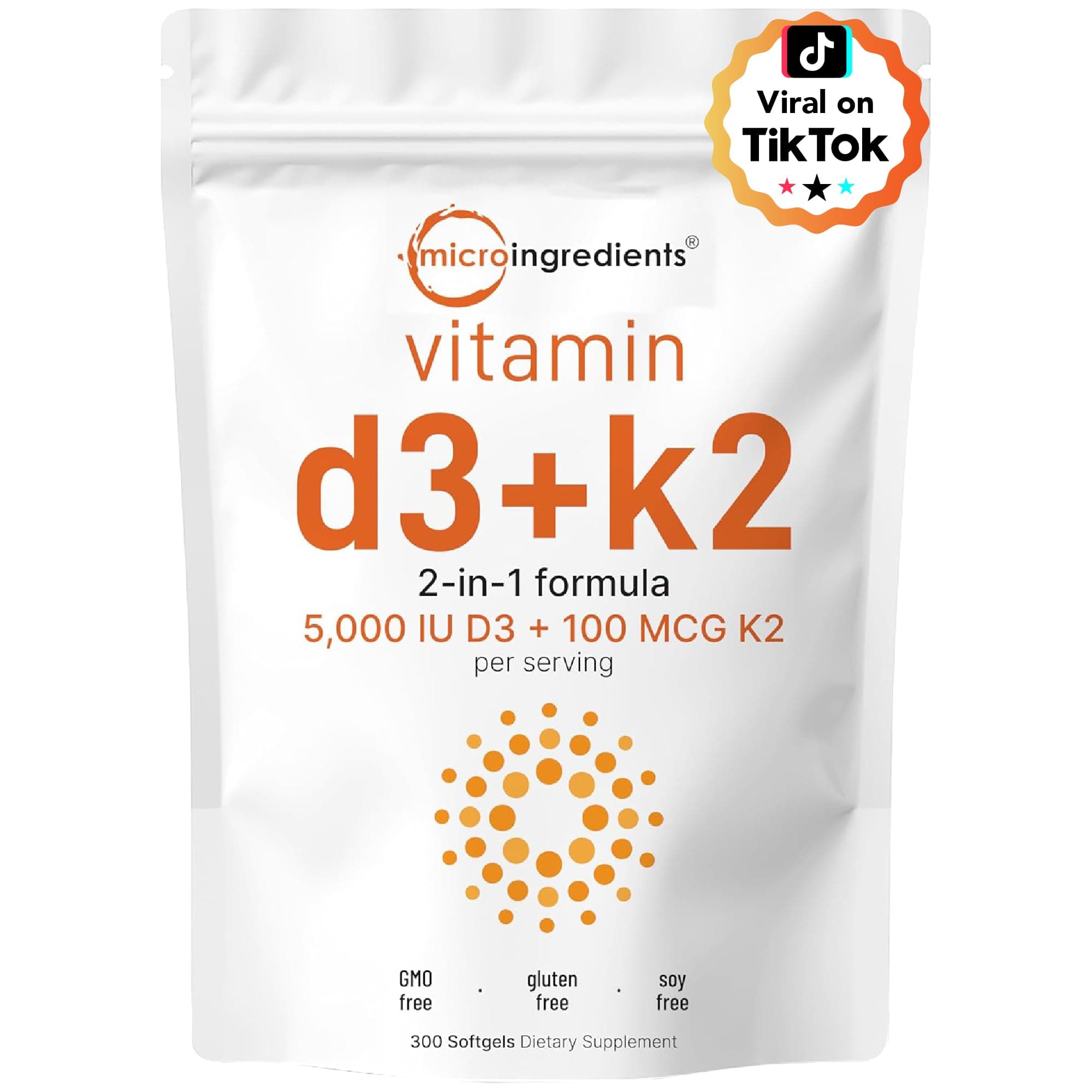 Vitamin D3 5,000 IU + K2 MK-7 100 mcg, 300 Softgels | 2-in-1 Vitamins D & K Complex | Extra Strength, Easy to Swallow, Non-GMO, Gluten Free