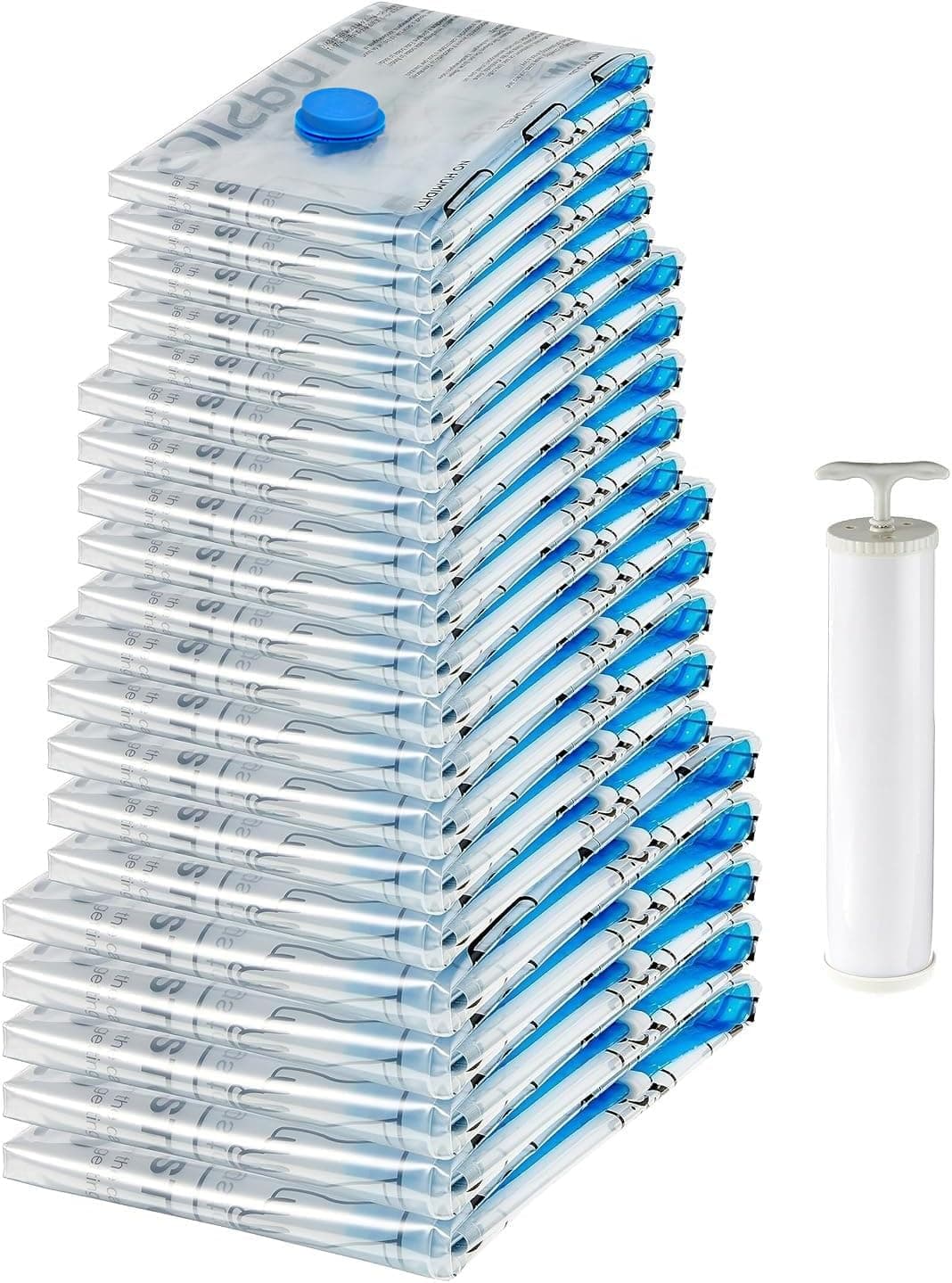 amazon basics Plastic Vacuum Compression Zipper Storage Bags With Hand Pump,20 Pack(5 Small,5 Medium,5 Large&5 Jumbo),Multiple Size,Clear,White