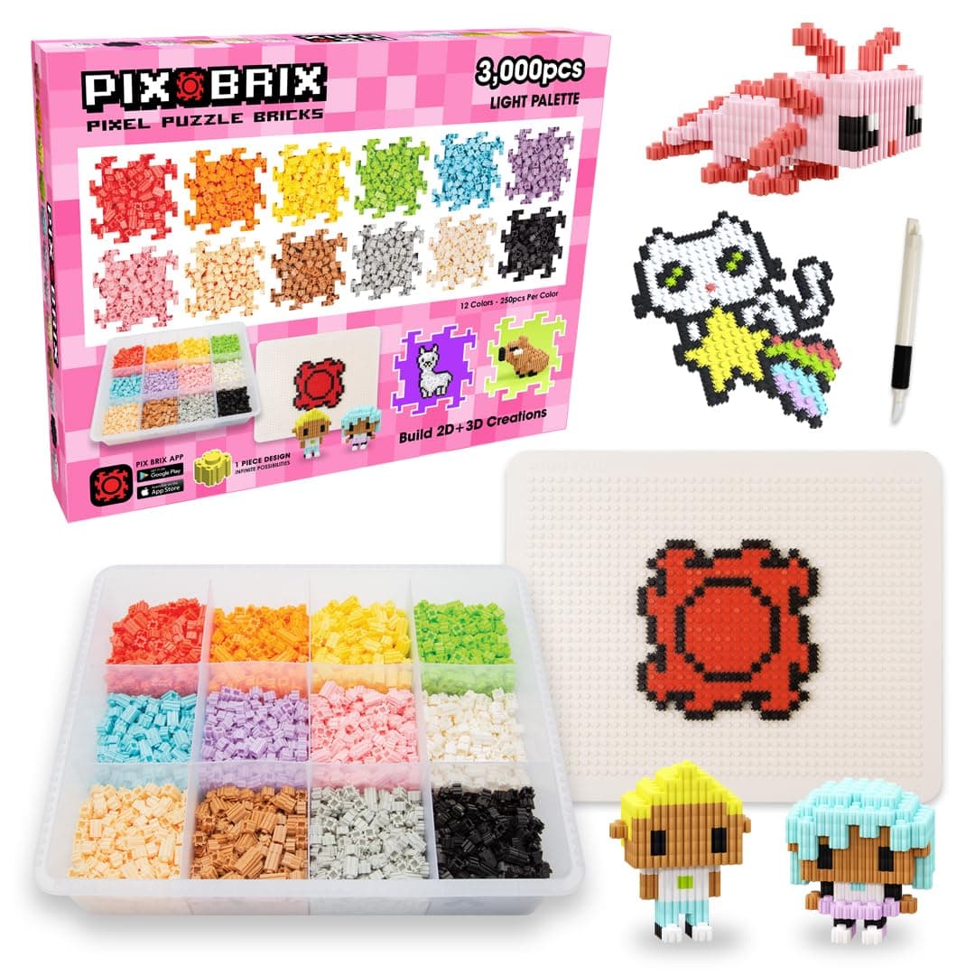 Pix Brix Pixel Art Puzzle Bricks – 3,000 Piece Pixel Art Container, 12 Color Light Palette – Interlocking Building Bricks, Create 2D and 3D Builds Without Water or Glue – Stem Toys, Ages 6 Plus