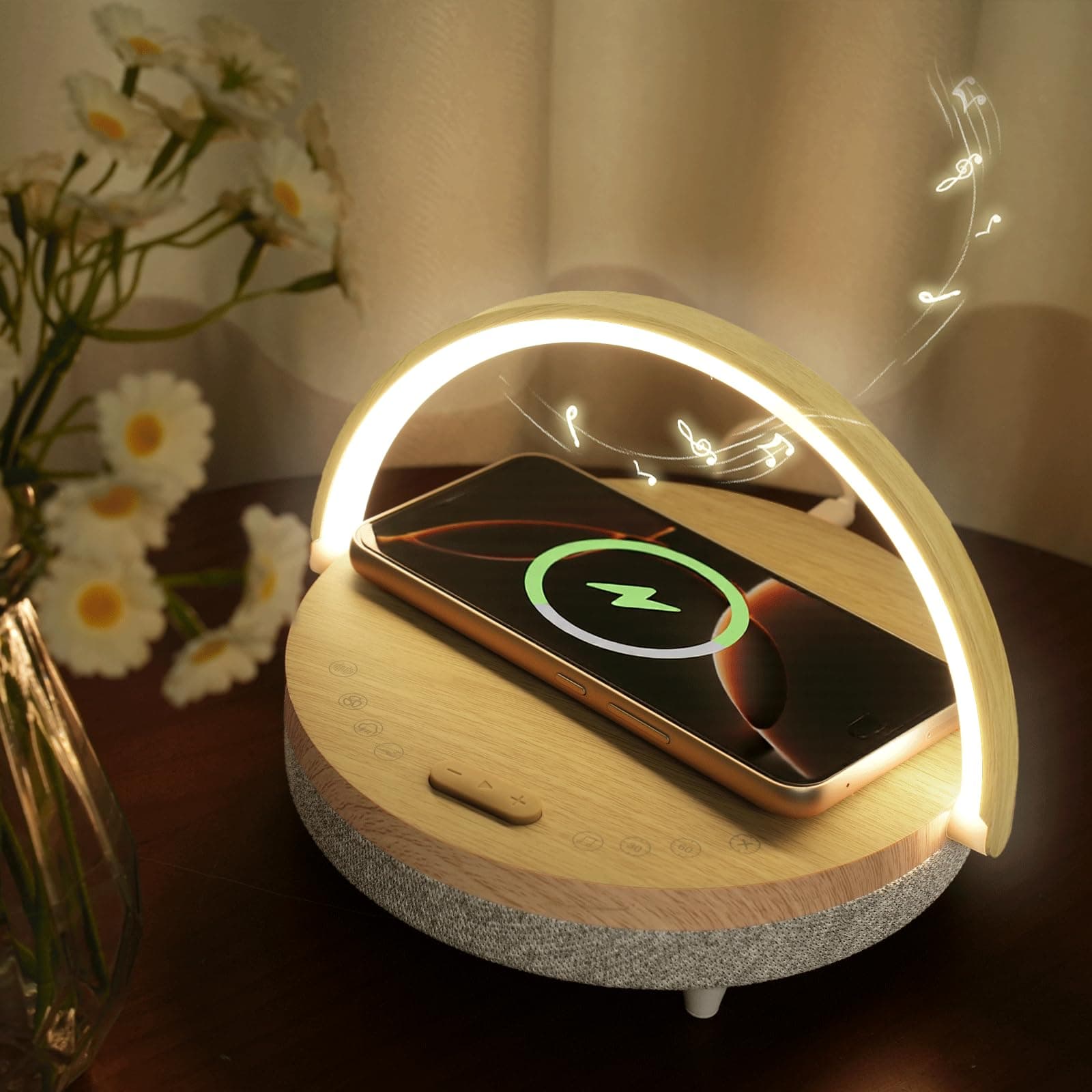 Bedside Table LED Night Light with Wireless Charger and Bluetooth Speaker, De...